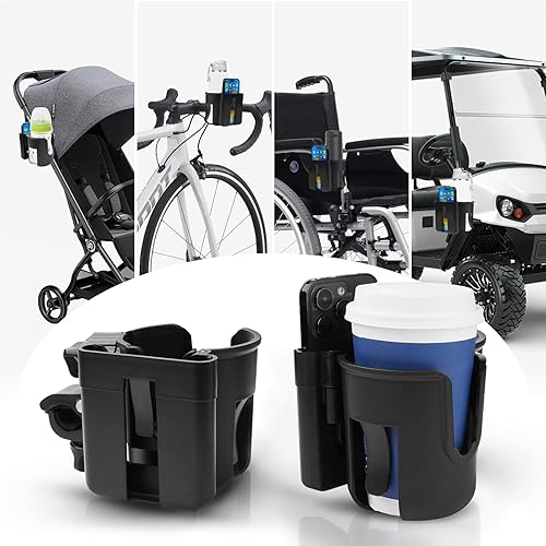 2 portavasos para cochecito con soporte para teléfono, soporte para bebidas 2 en 1 extraíble para accesorios de carrito de golf, soporte giratorio