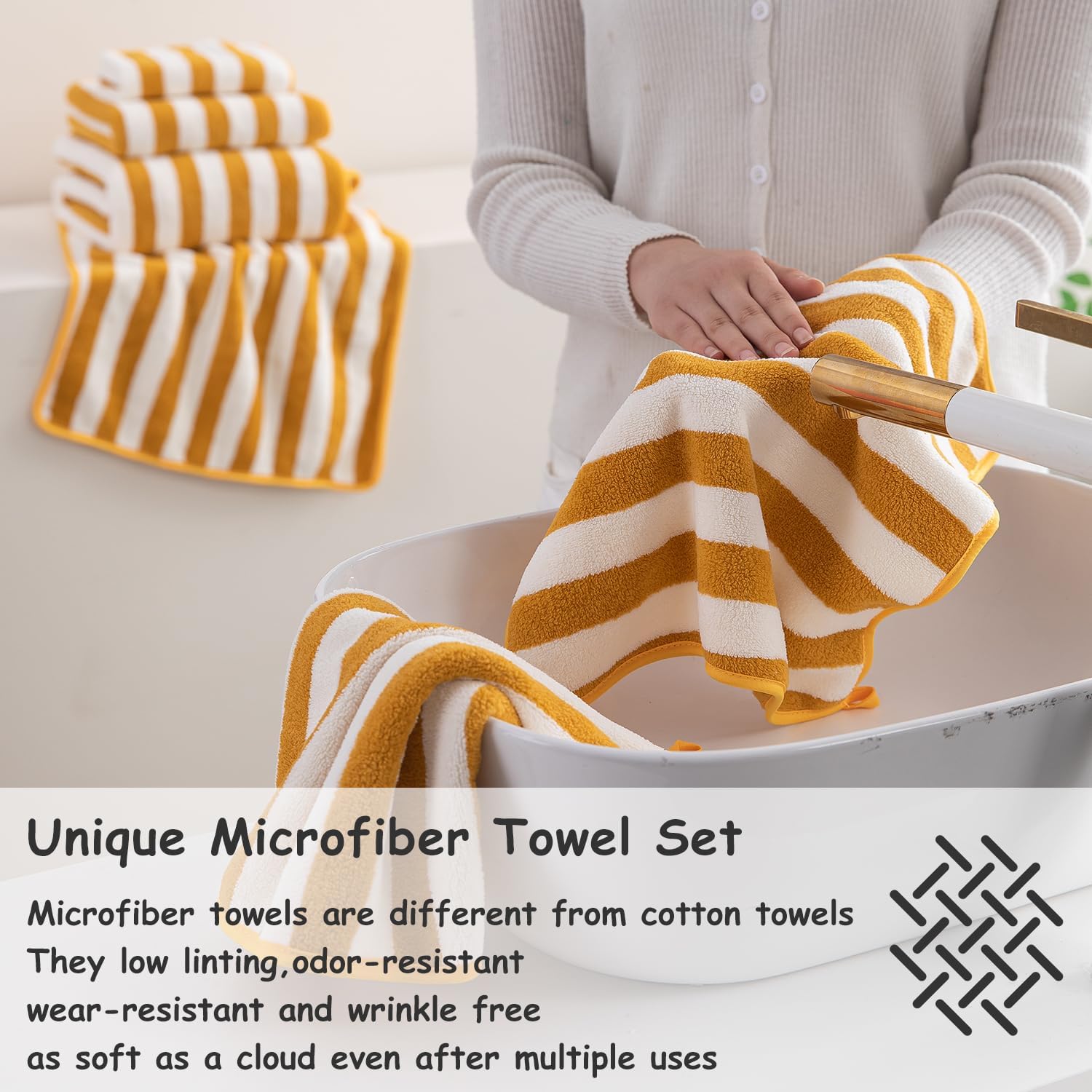 Oliven 18 Pcs Yellow Cabana Stripe Family Towels Set-6 Bath Sheets,6 Hand Towels,6 Washcloths Soft Jumbo Bathroom Towels Absorbent Shower Towel Quick Dry Beach Chair Towel Spa Gym Hotel Towel Set