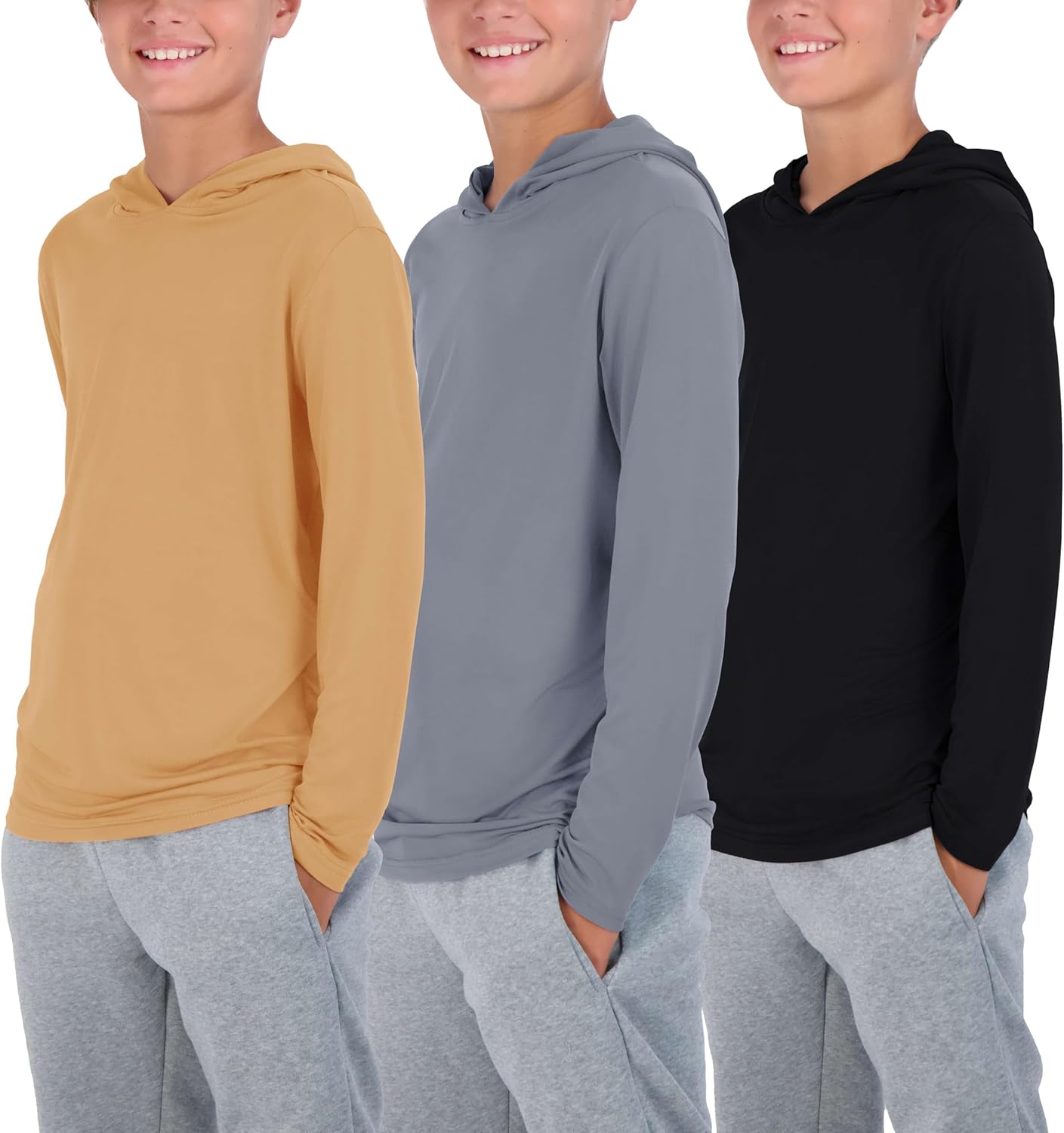 Real Essentials 3 Pack: Dry-Fit Youth Boys Teen Active Long Sleeve Hoodie Sweatshirts - Hooded Pullover Shirts