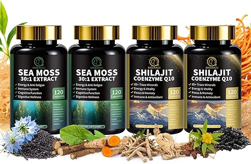 Paquete de musgo marino y shilajit, suplementos todo en 1 con Shilajit 400 mg, musgo marino 680 mg, coenzima Q10, semilla negra, ashwagandha,