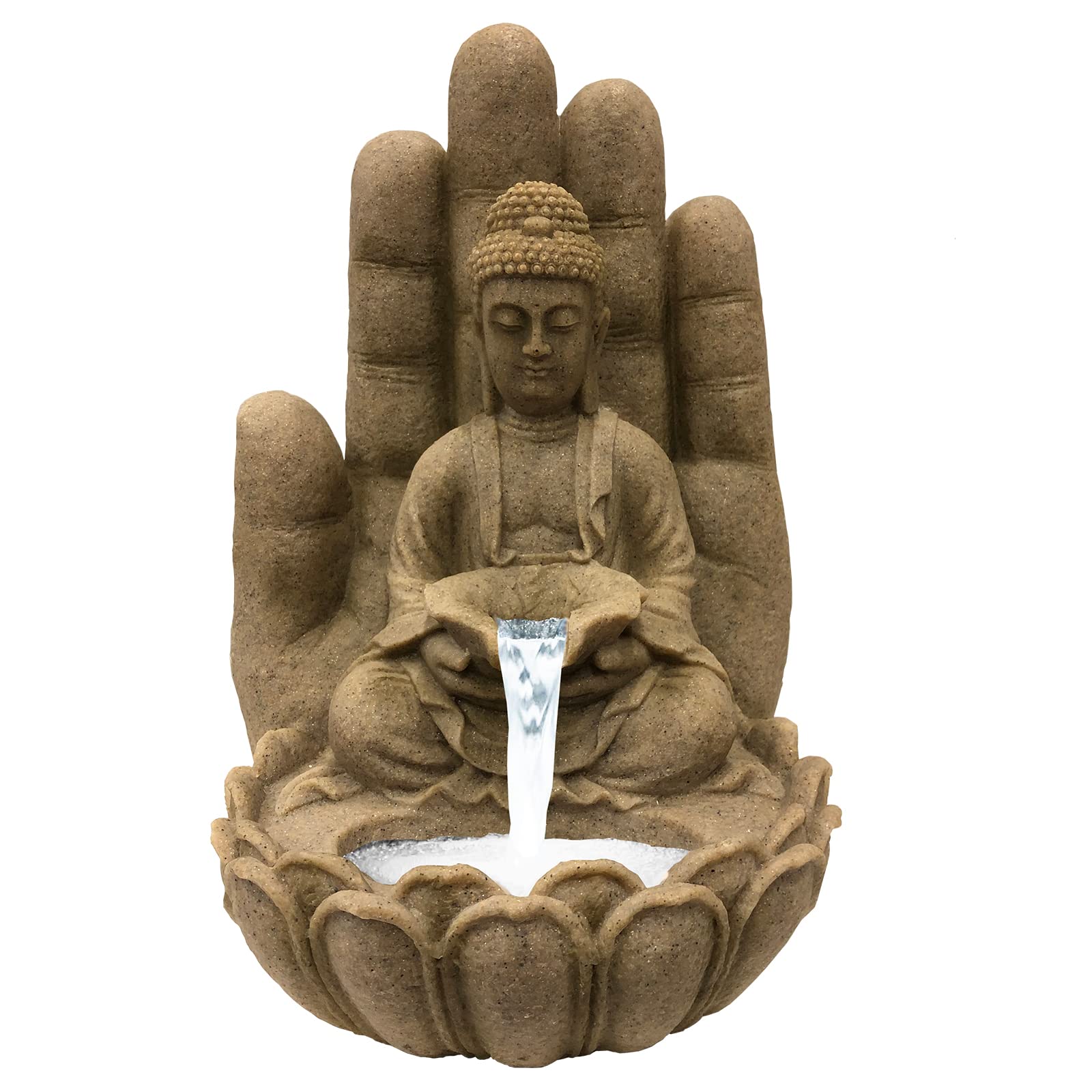 Brunnen Buddha Calm Sandstein-Optik Polyresin Pumpe LED Deko-Wasserbrunnen Garten Terrasse Zimmer Wasserspiel In- und Outdoor