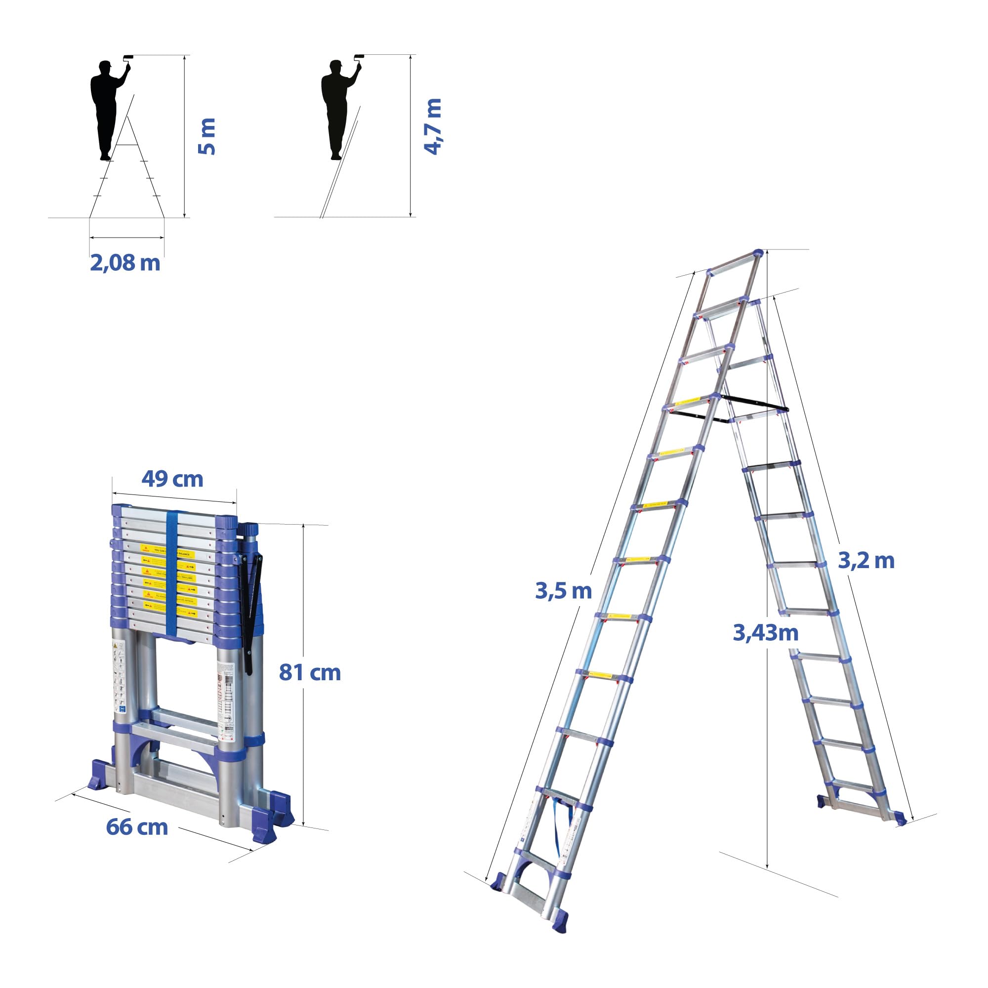 HOSTRÖM Escabeau 12 marches telescopique EXTENDACT12, Echelle telescopique 3.5m+3.2m, Pliable, Stabilisateur, H Max Travail 5m, Garantie 5 Ans