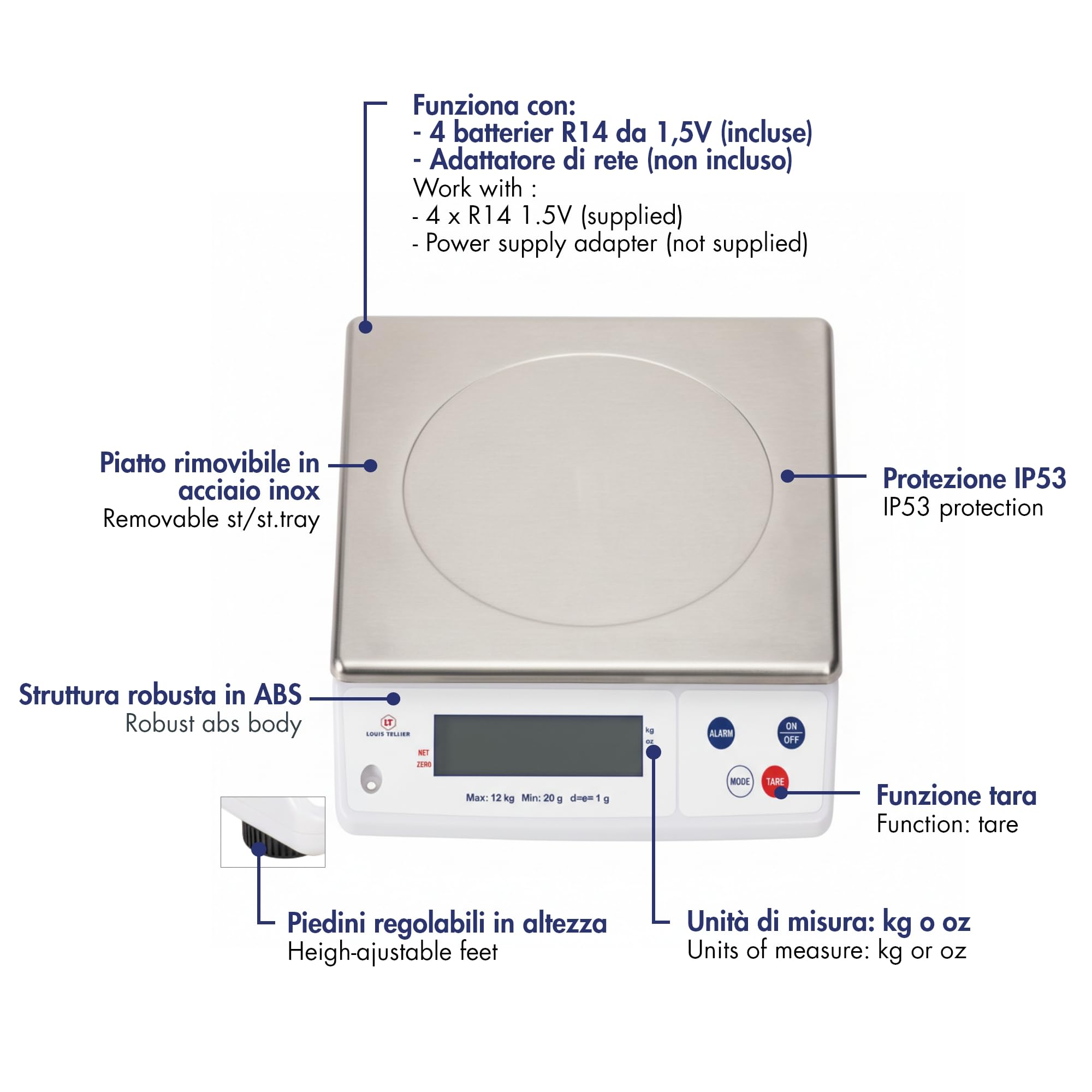 Louis Tellier - Bilancia Elettronica Professionale - 12 kg - IP53 - Precisione 1 g - Piatto Estraibile 29,8 x 23,6 cm