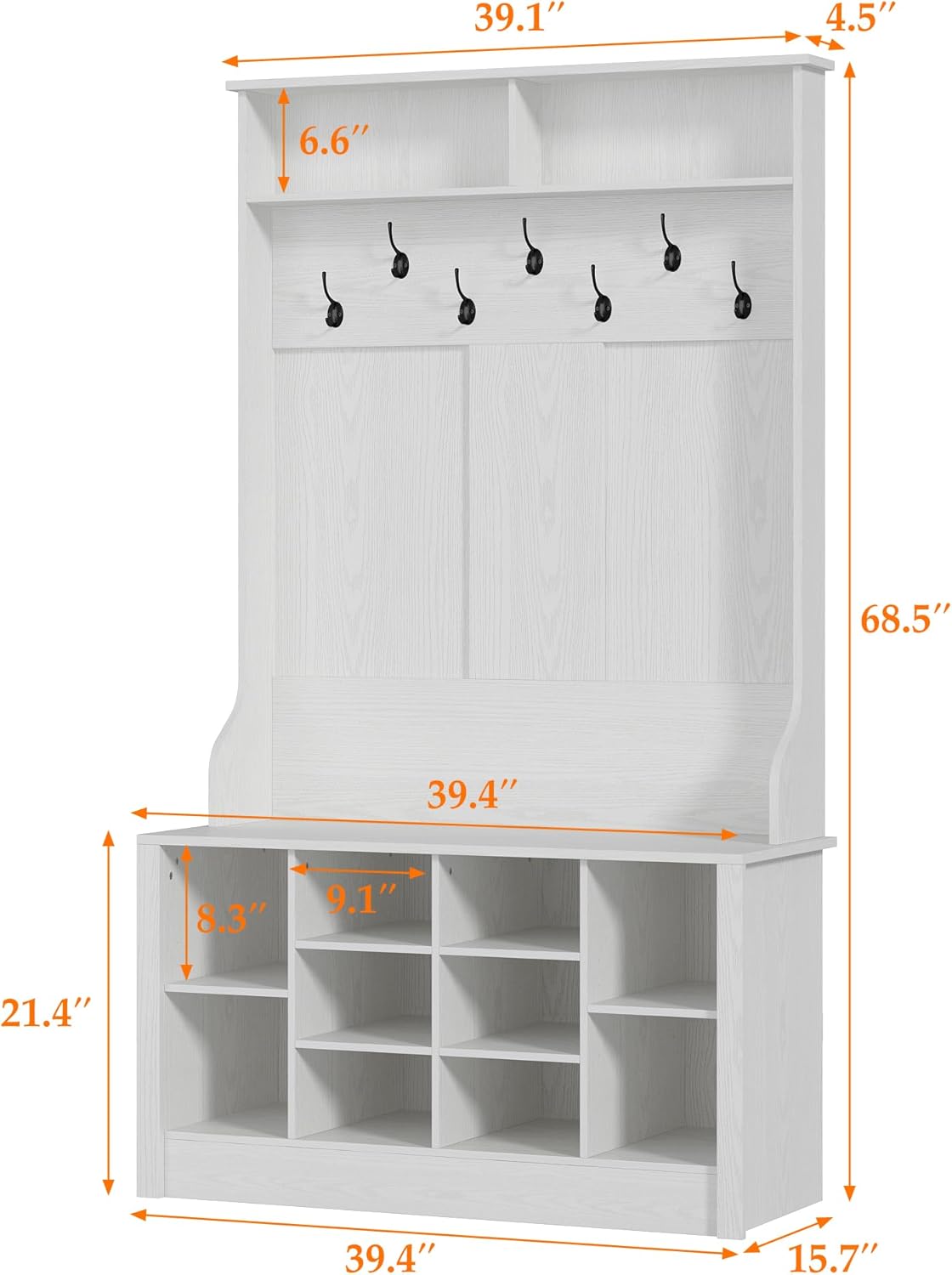 WOODTIME Hall Tree with Bench and Adjustable Shoe Storage, Multi-Purpose Entryway Bench with Coat Rack, Open Shelves and 7 Hanging Hooks, White