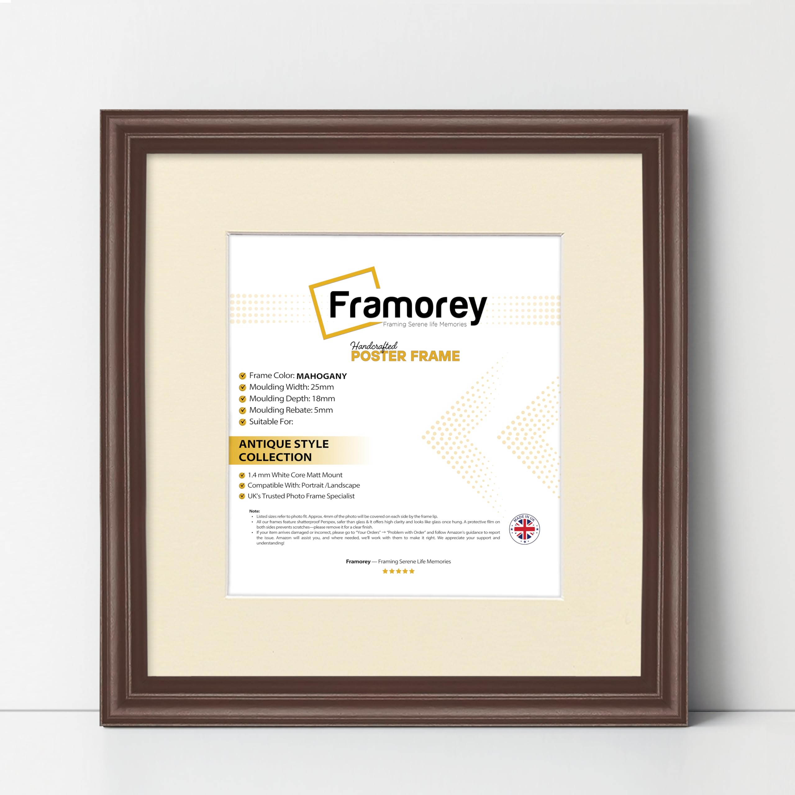 FRAMOREY Square Photo Frame, 55x55CM Mahogany With 45x45CM Ivory Mount, Antique Style Wall Hanging Art Poster Frame, MDF Wood, LW Home Wall Decor