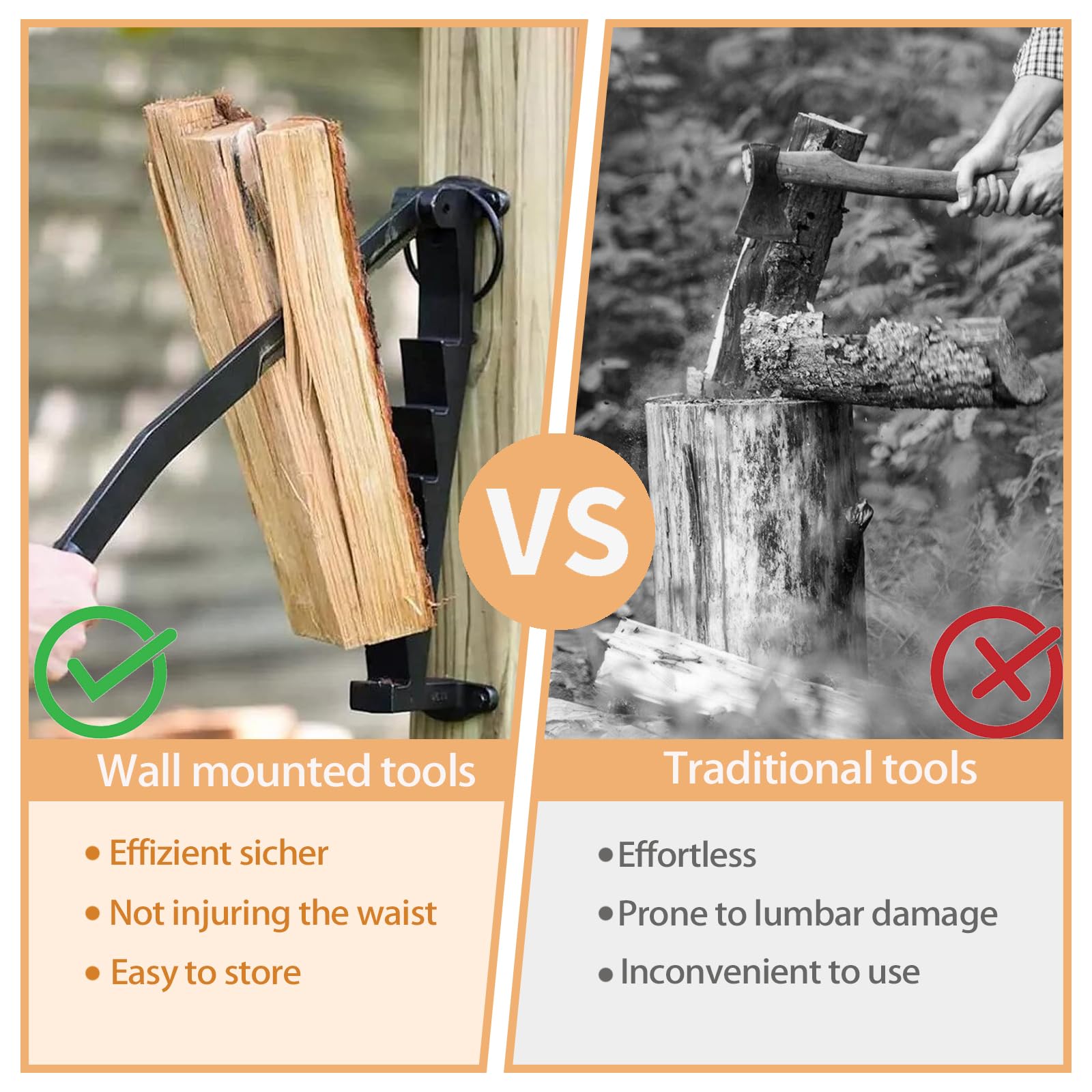Fendeur de bois manuel - Fendeuse de bois murale pratique - Fendeuse de bois de chauffage efficace avec acier au carbone et poignées amovibles - Convient pour l'intérieur et l'extérieur