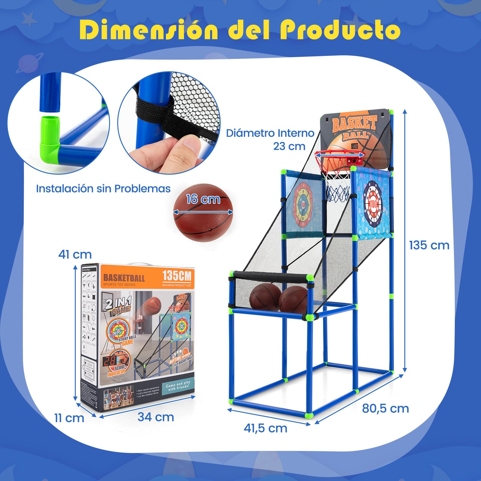 COSTWAY Canasta Baloncesto Infantil, Juego 2 en 1 de Baloncesto y de Pelotas Adhesivas, Marcador Electrónico, Sonido, Juego Deportivo de Arcade para Niños de 3+ Años