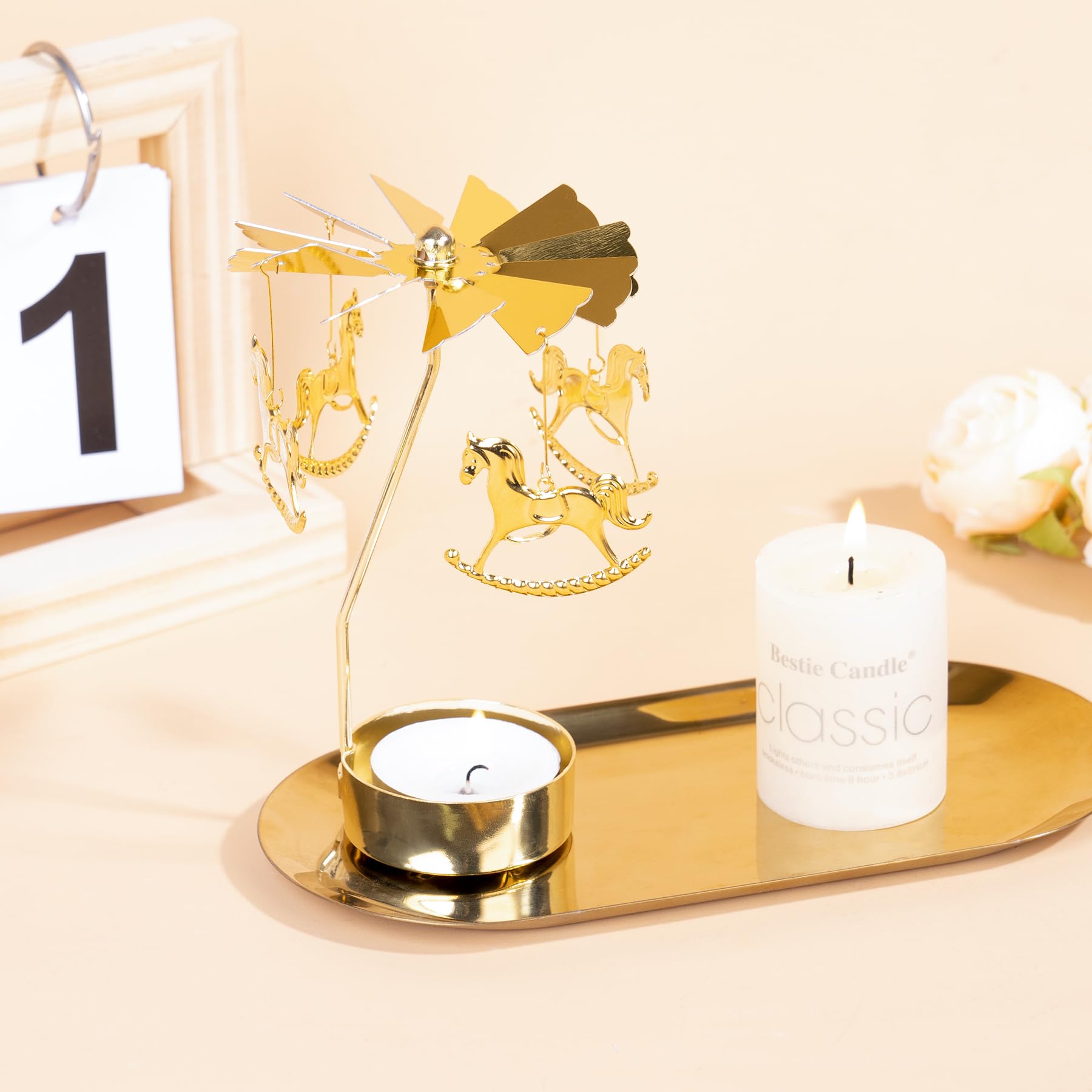 Toptime Spinning Candle Holder, Gold Tea Lights Candle Holder Carousel Candle Spinner, Rotating Metal Candle Holders for Table Centerpiece Carousel Tealight Holder for Christmas Festival Home Decor