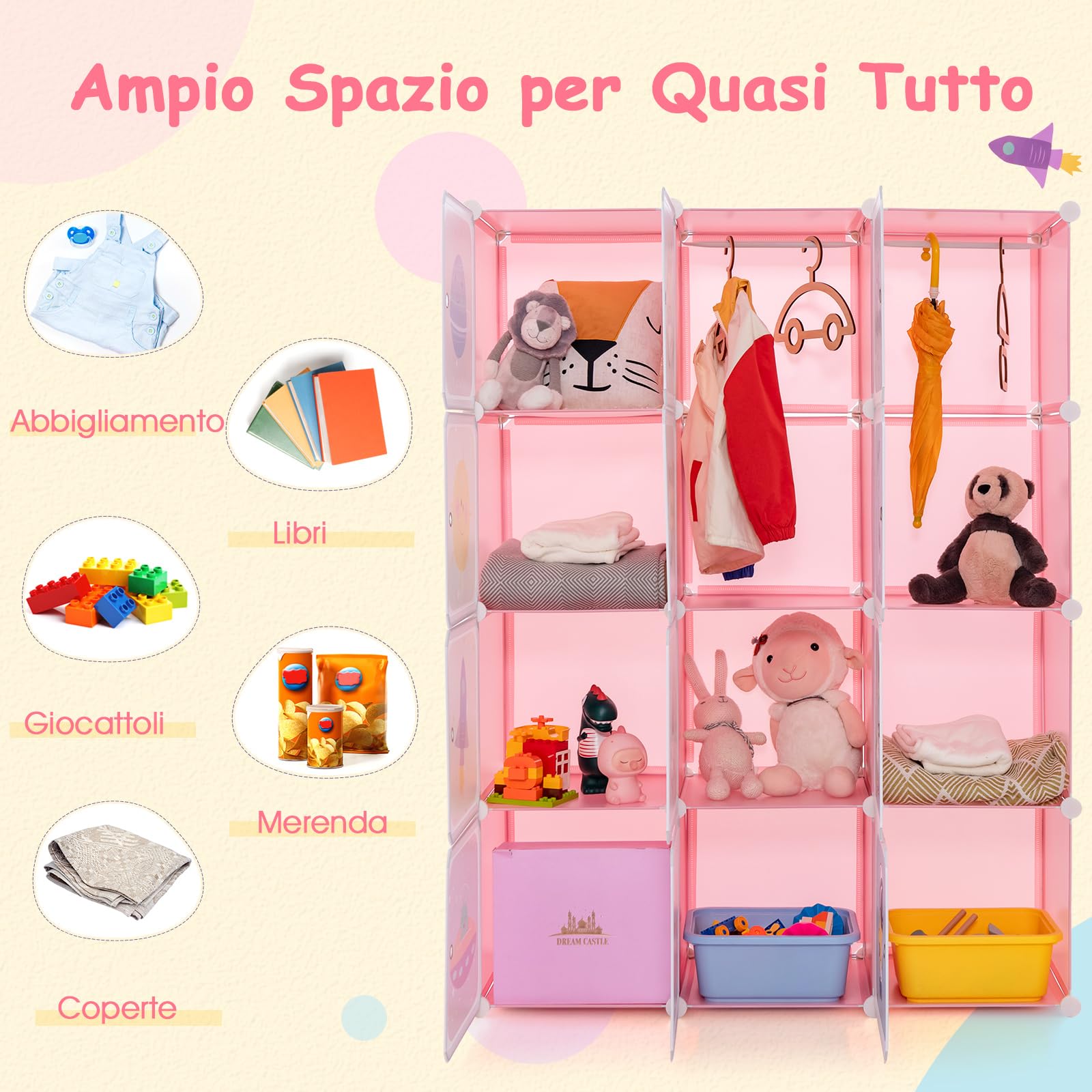 COSTWAY Portatile Guardaroba per Bambini, Armadio Guardaroba Modulare per Bambini con 2 Barre Appendiabiti, per Cameretta Camera da Letto, 107 x 36 x 142 cm (Rosa)
