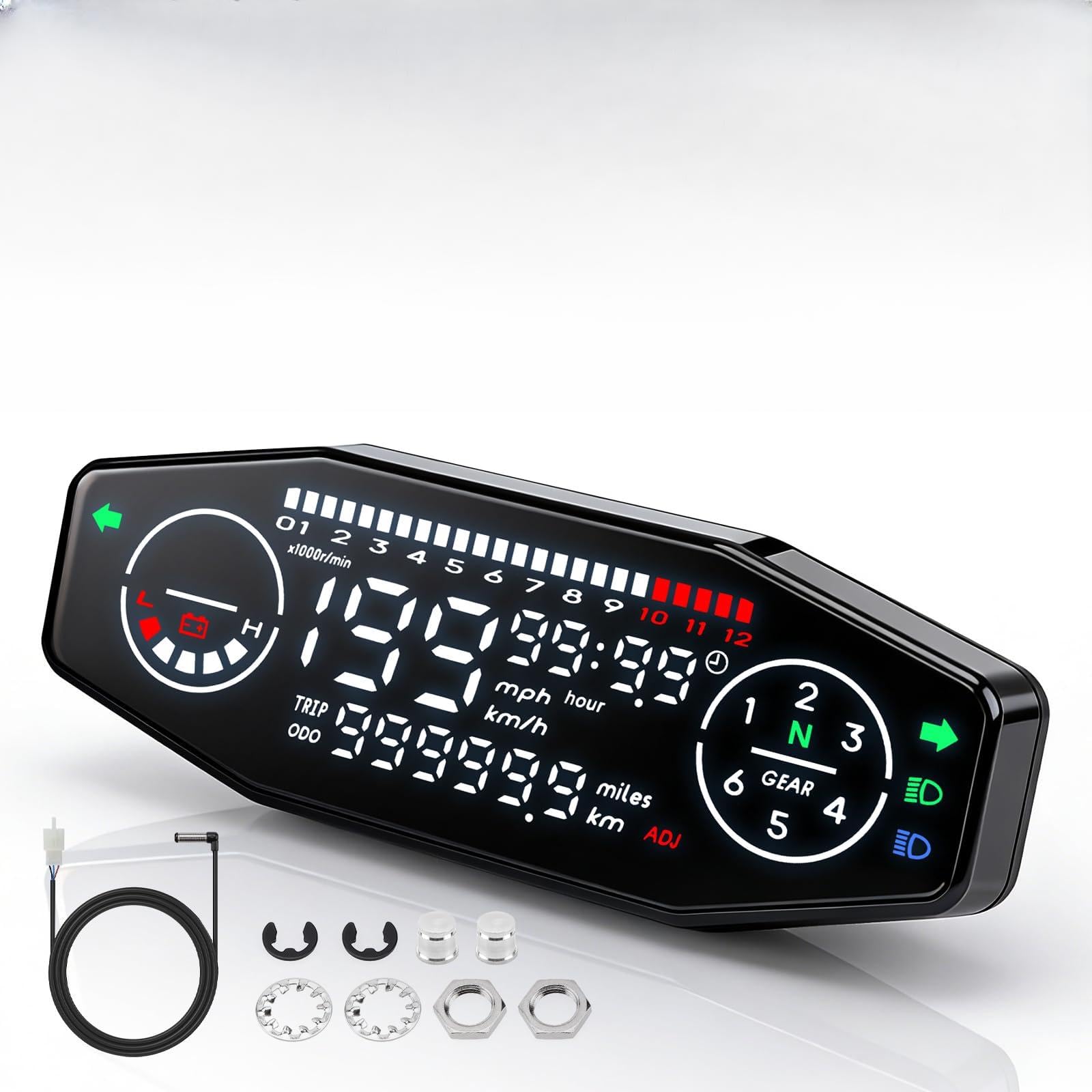 Compteur de Vitesse Numérique Universel pour Moto, Compteur de Kilomètres avec Capteur Tachymètre Numérique avec Écran LCD Odomètre, Jauge de Vitesse pour 1 2 4 Cylindres