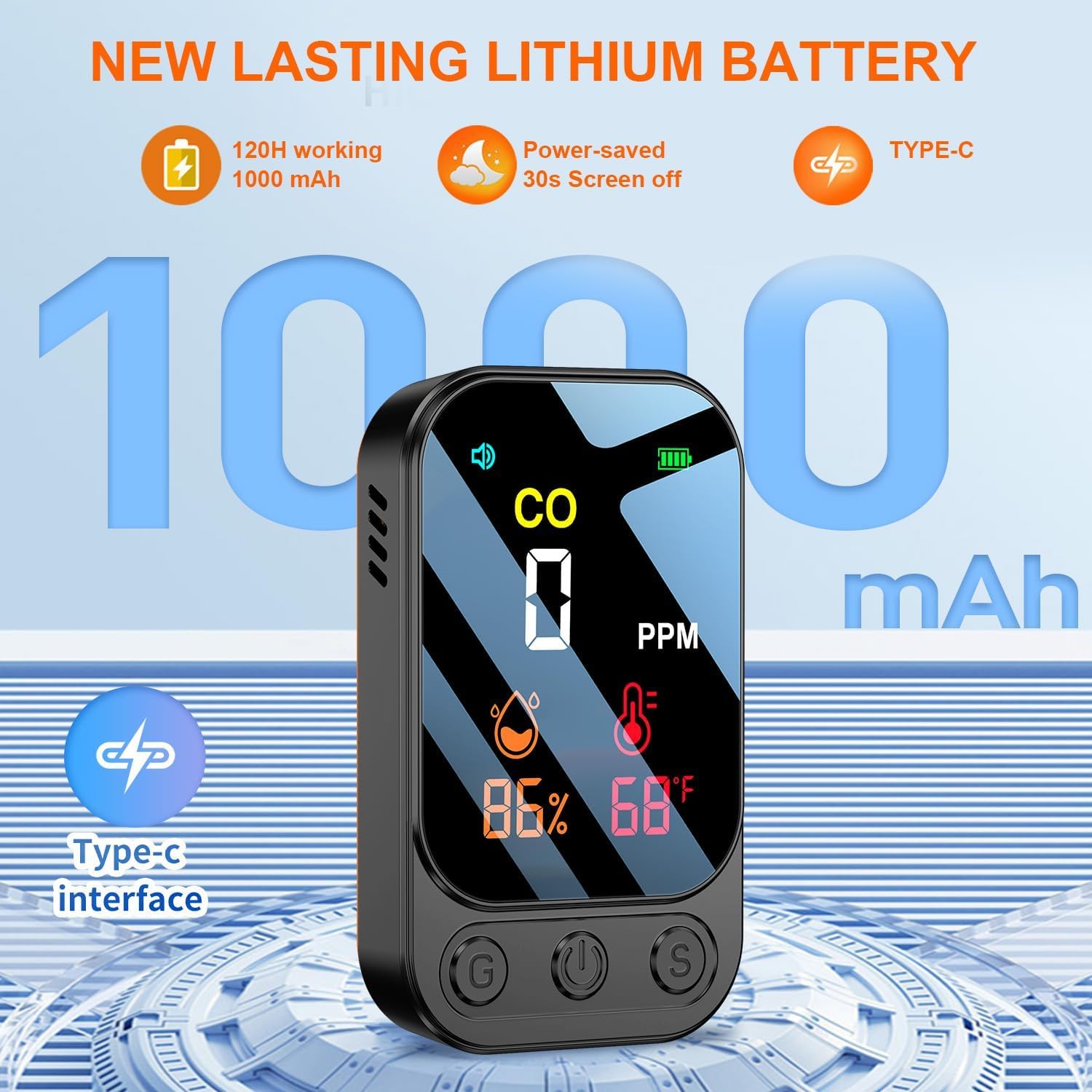 Détecteur de Monoxyde de Carbone Portable pour Voyage Camping Voiture, Alarme de CO Portatif, Mesureur de Monoxyde de Carbone avec Batterie Rechargeable Intégrée, Gris Foncé, HD09