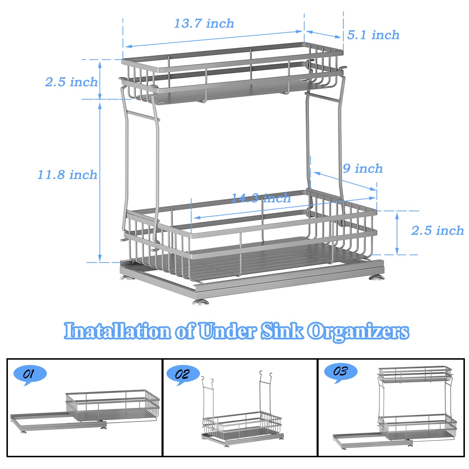 2 Stück Organizer und Aufbewahrung unter der Spüle, 2 Etagen, ausziehbarer Schrank-Organizer, Metallschublade für Küche, Badezimmer, Grau