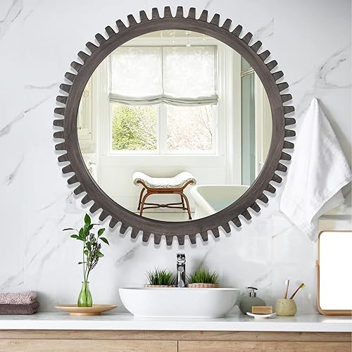 Miniatura 6 de DUQIMO Espejo redondo de pared de 30 pulgadas, espejo circular con marco de madera de granja, espejo colgante industrial para entrada, sala de
