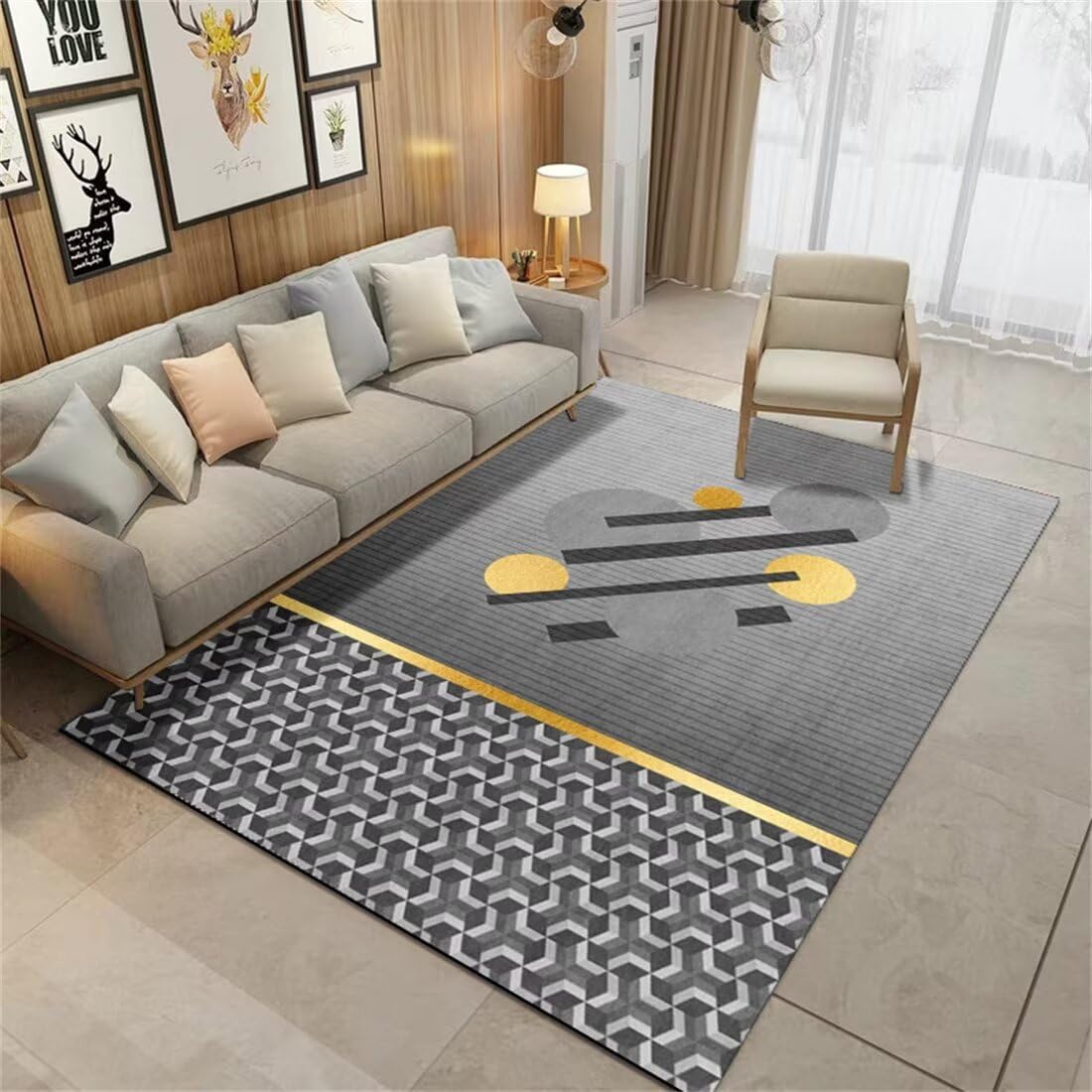 Tapis jeu bébé et salon demi-cercle jaune lavable 80x150cm