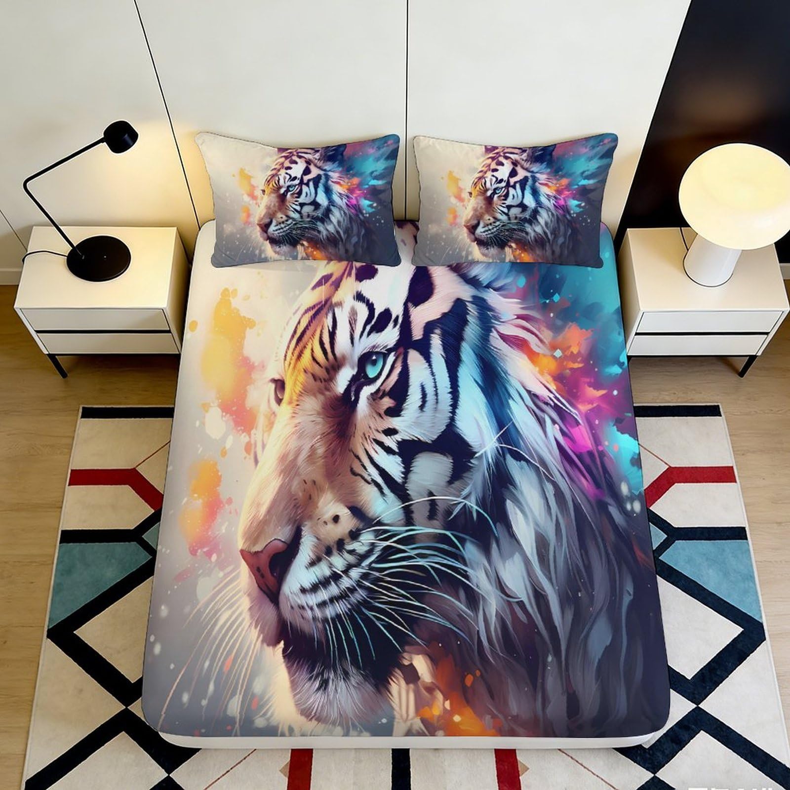 Pnayamiorkfel Style-1 3D Printed White Tiger Fitted Sheet Microfiber Vibrant Art Bed Cover For Bedroom Guest Room Mattress Protection 90X200x25cm