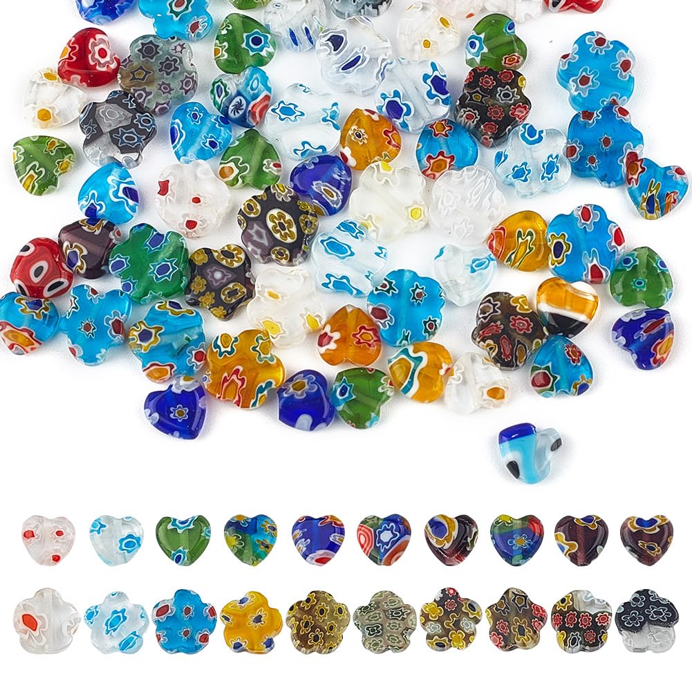 86 Pcs 2 Styles Millefiori Lampwork Flower Heart Beads, Mixed Color Crystal Flat Beads Smooth Transparent Beads Loose Spacer Beads for Jewelry Making DIY