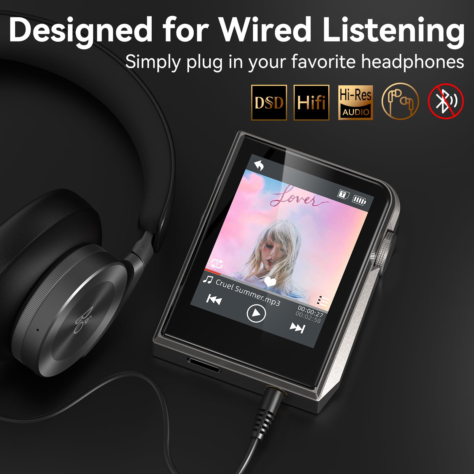 Odtwarzacz MP3 64 GB, HiFi, bezstratny dźwięk, metalowa obudowa, przycisk dotykowy, możliwość rozszerzenia do 128 GB