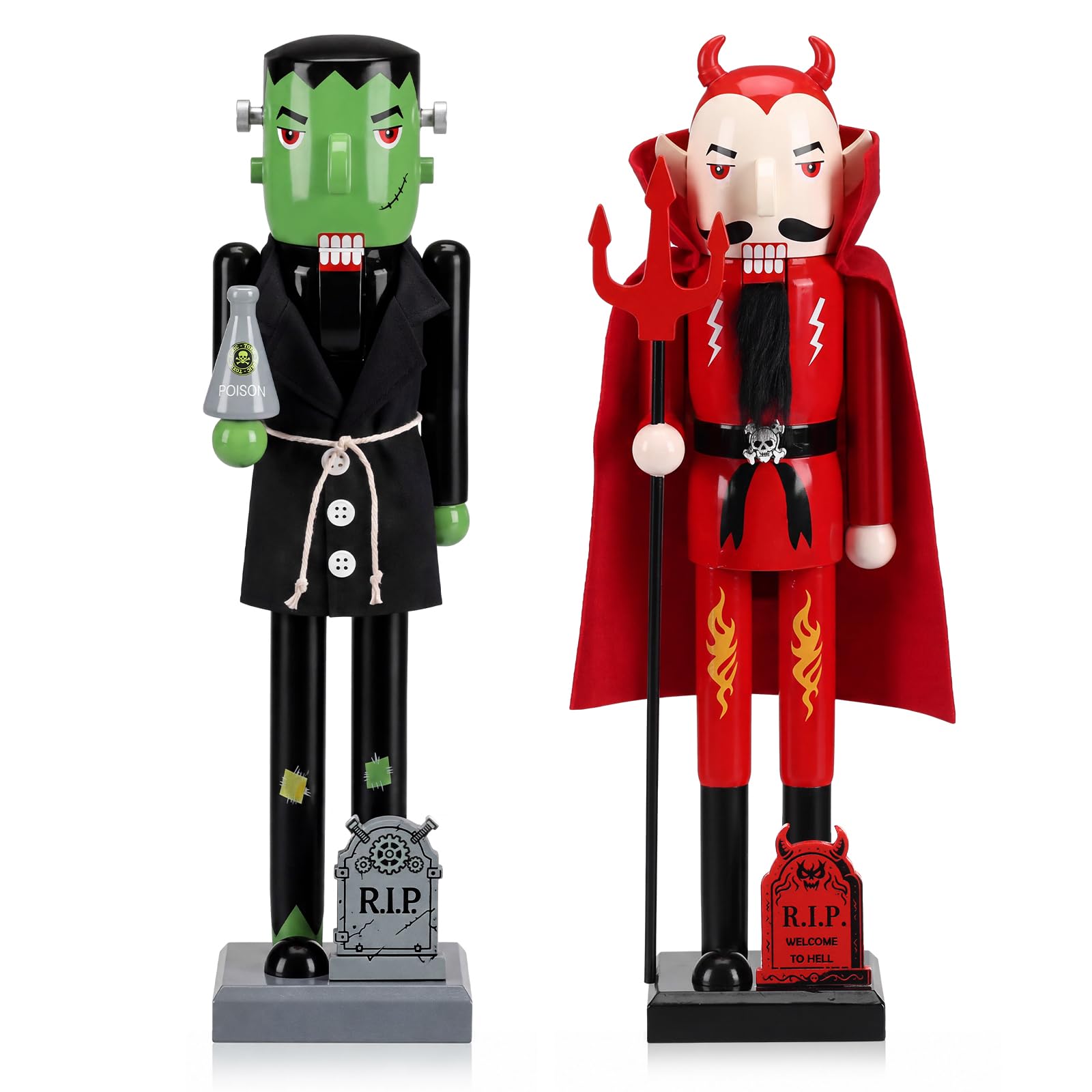 Pinkunn 2 Pcs 15'' Halloween Wooden Nutcracker, Green Monster Red Devil