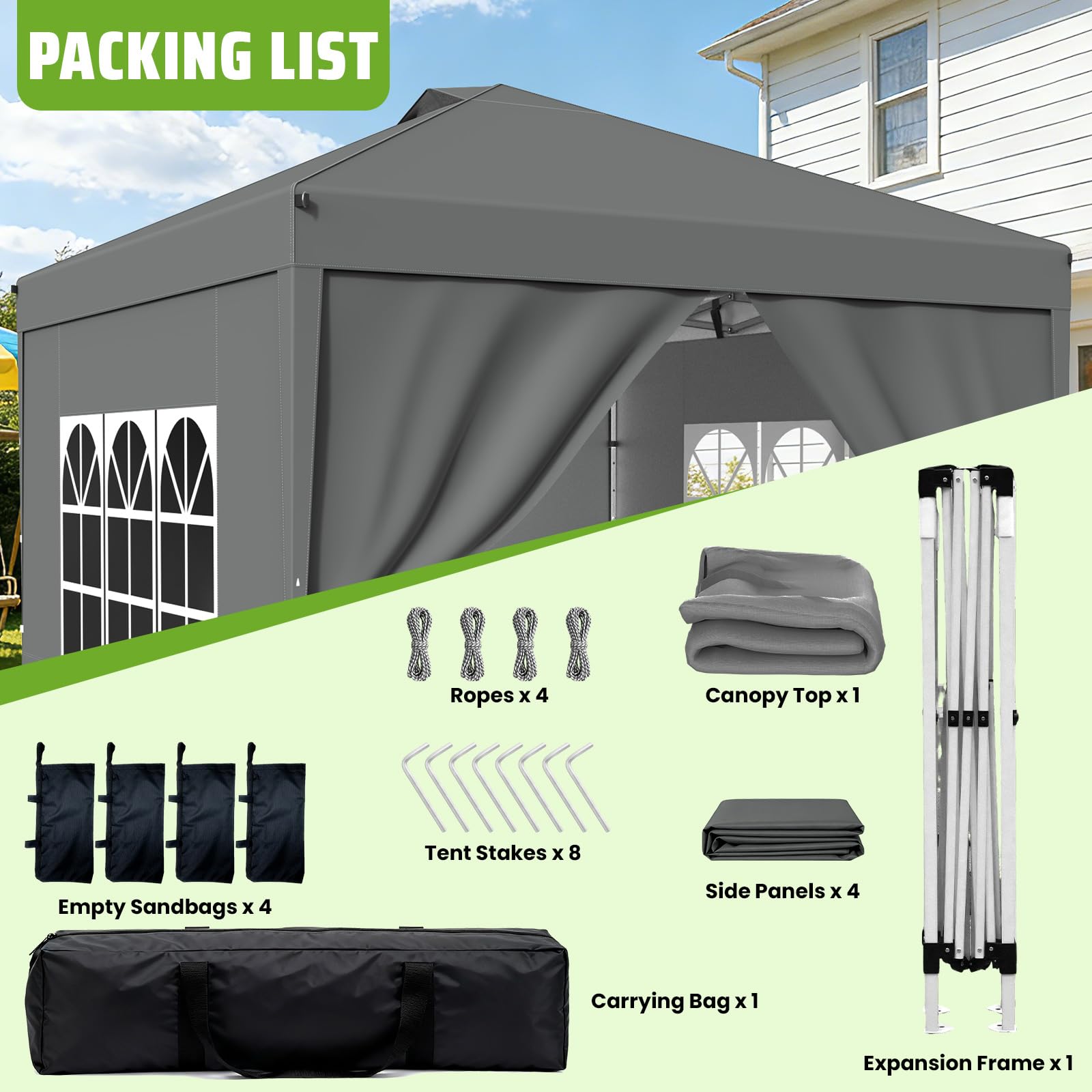 Tonnelle 3x3m Imperméable, Toile PU1500mm & Structure Acier - Tonnelle Pliante Hivernable avec Paroi Latérale & Réglage Hauteur One-Push - (INCL. 4X Sac de Sable & Accessoires,Gris argenté)