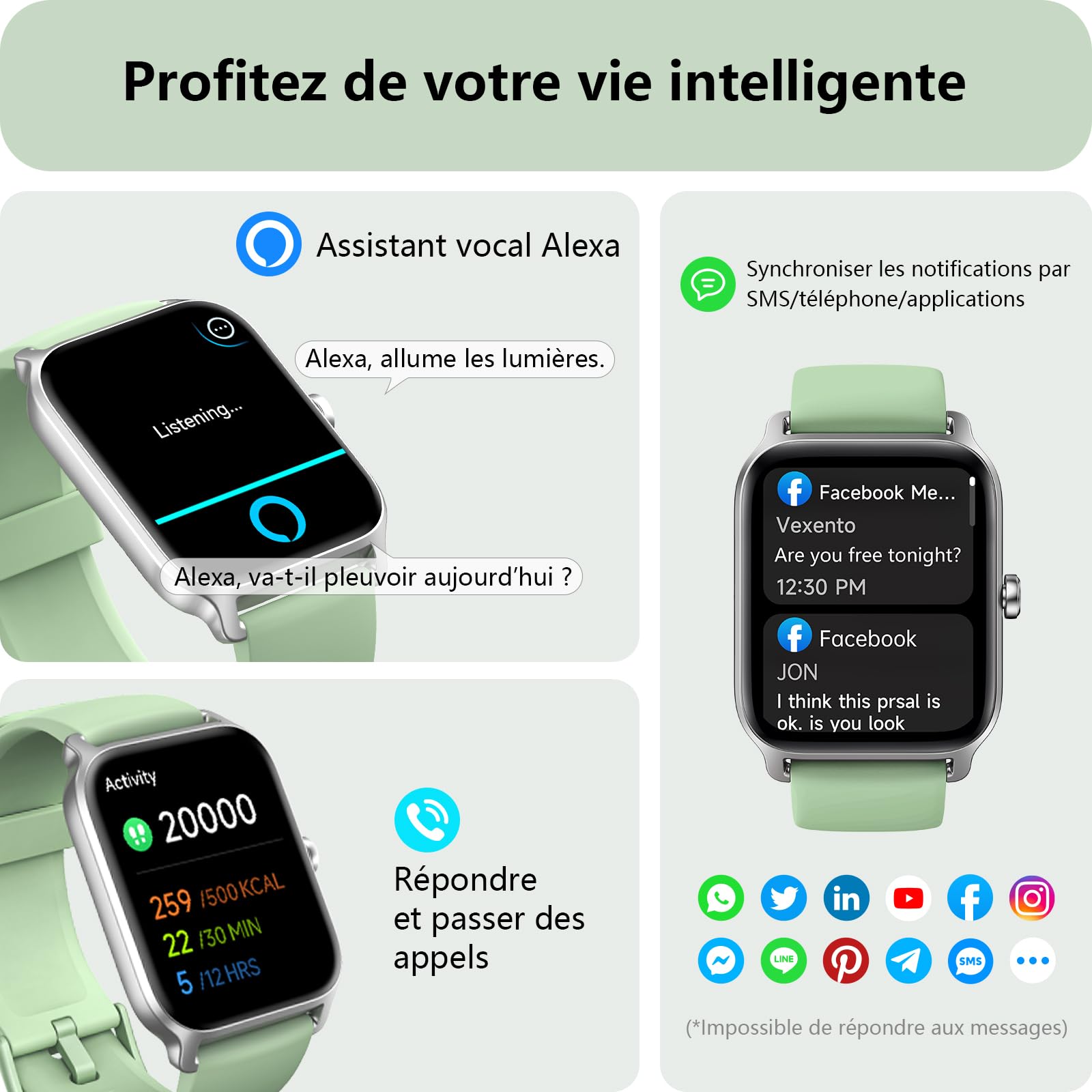 Yoever Montre Connectée Femme avec Alexa, 1.8" Smartwatch, Répondre Appel, Moniteur SpO2 Fréquence Cardiaque Sommeil, 100 Sport, Podomètre, IP68, Vert pour Android iOS