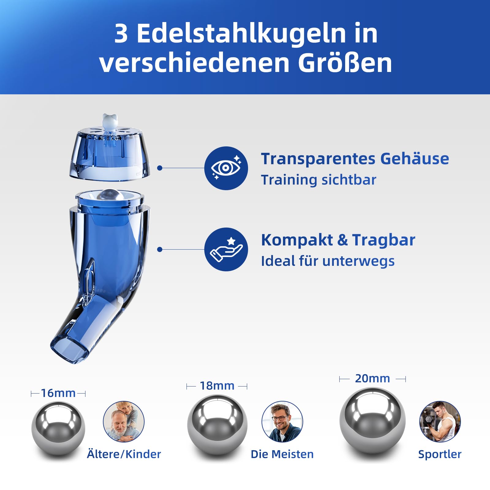 Nascool Lungentrainer, Atemtrainer verbessert Lungenfunktion bei langfristiger Anwendung, ideal für COPD, Asthma Patienten, 3 Größen Edelstahlkugeln, Natürliche Atemübungsgerät für Lung | 3 Größen Edelstahlkugeln, für Asthma COPD, OPEP-Vibrations-Schleiml