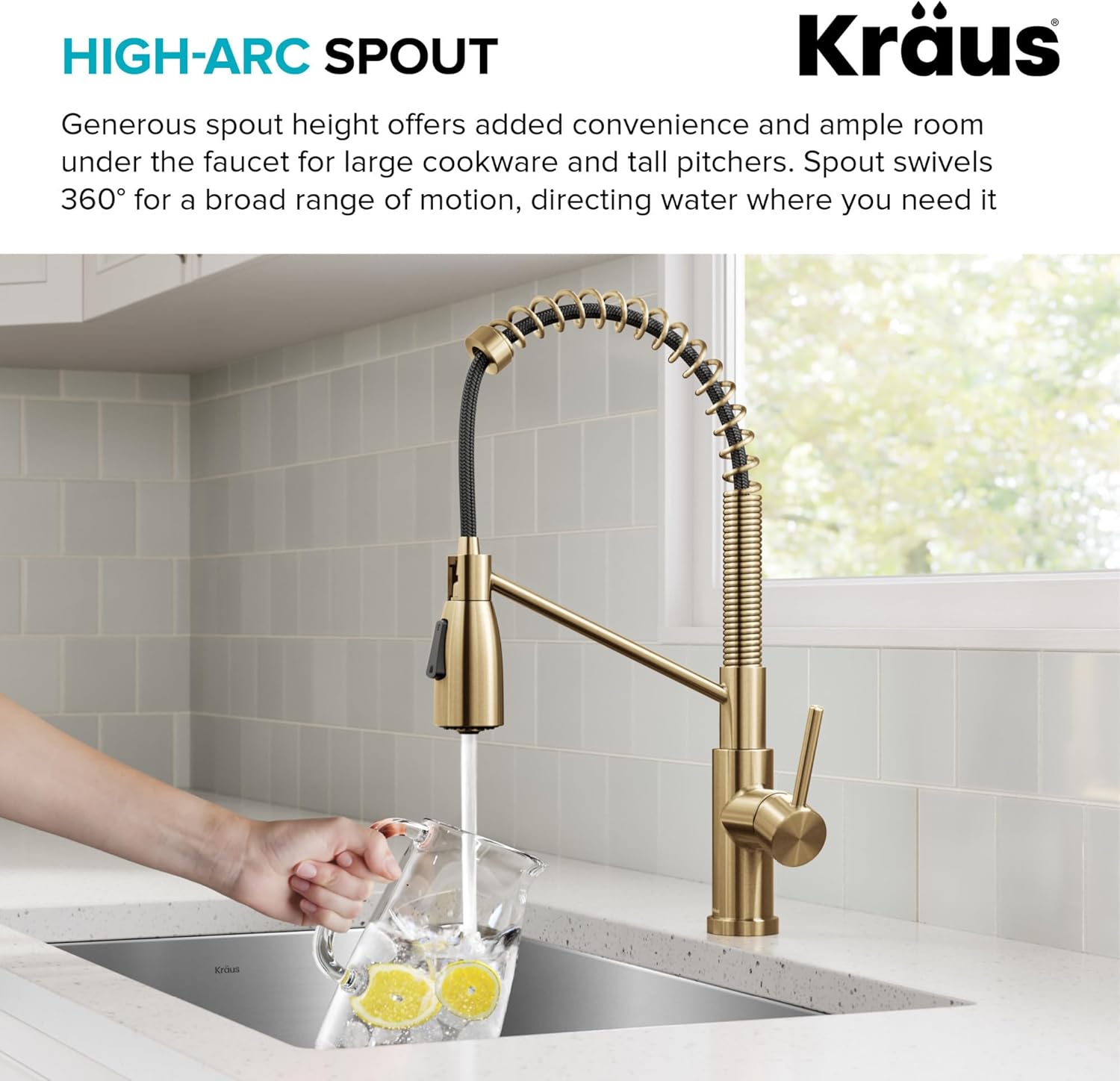 KRAUS Coda Faucet with High-Arc Spout, showing ample room for large cookware and tall pitchers.