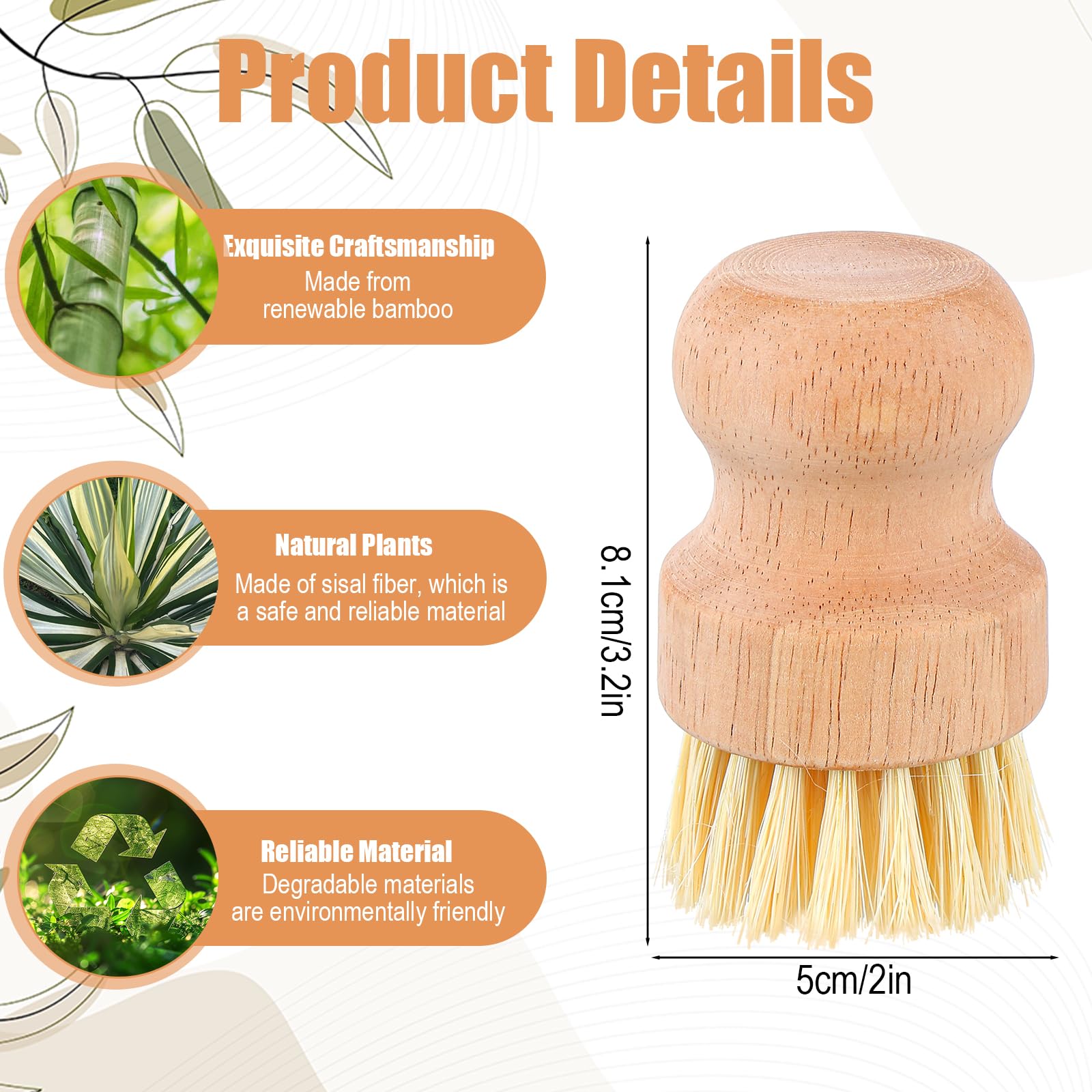 Lot de 12 brosses à récurer en bambou pour vaisselle, 2 brosses à vaisselle naturelles avec poils en sisal, brosse à vaisselle en bois pour casseroles, poêles et légumes, outils de
