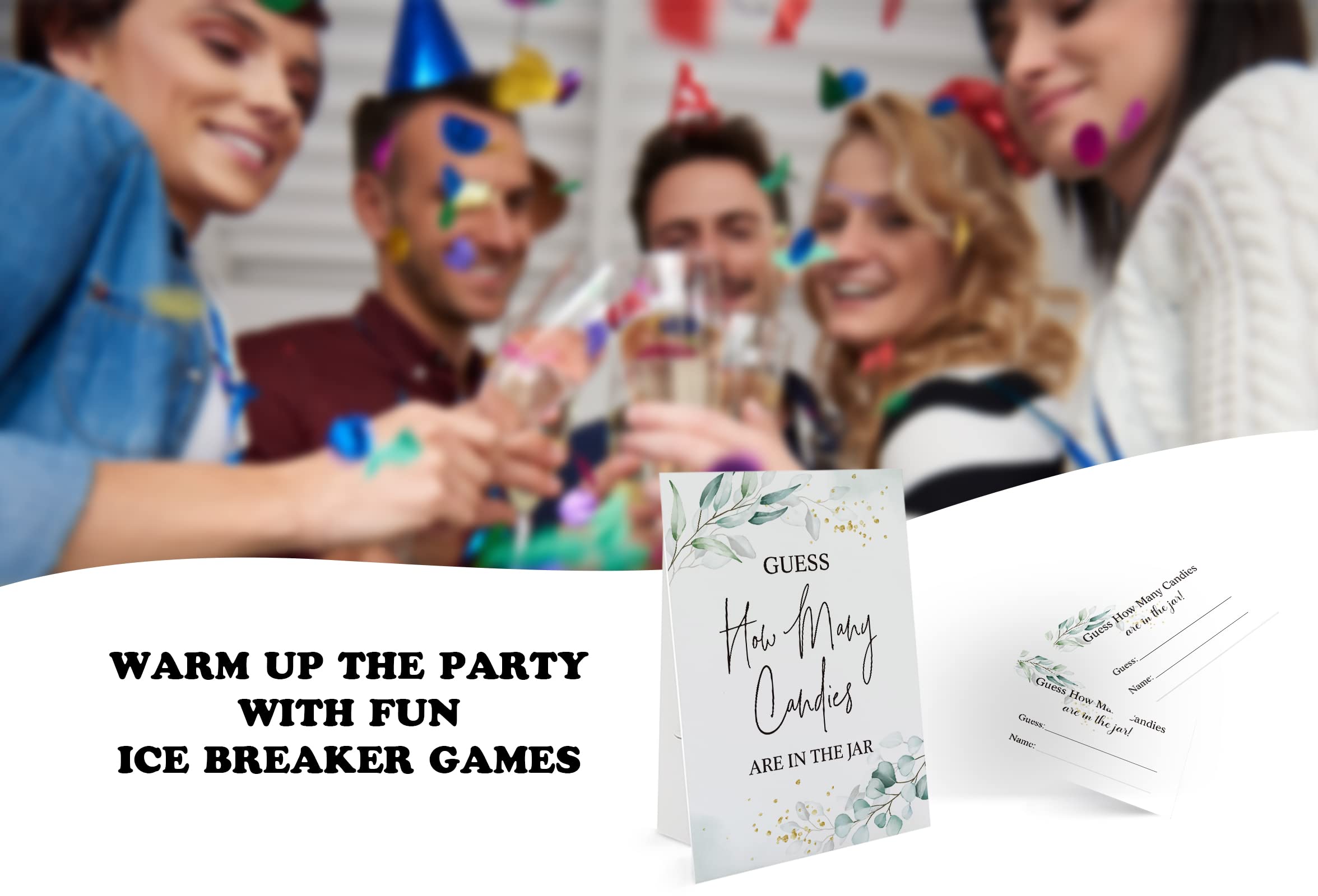 Candy Guessing Game Cards Set - Watercolor Greenery Sign & 50 Cards For Birthday Parties & Baby Showers