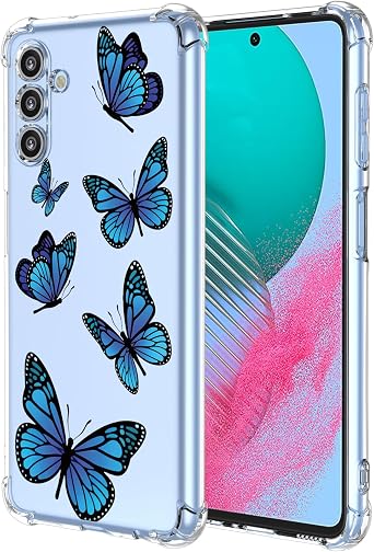 Floral Case for Galaxy M55 Case, Samsung M55 Clear TPU Animal Blue Butterfly Slim Cute Cover Transparent Soft Bumper Protective Cases for Samsung Galaxy M55 Butterfly