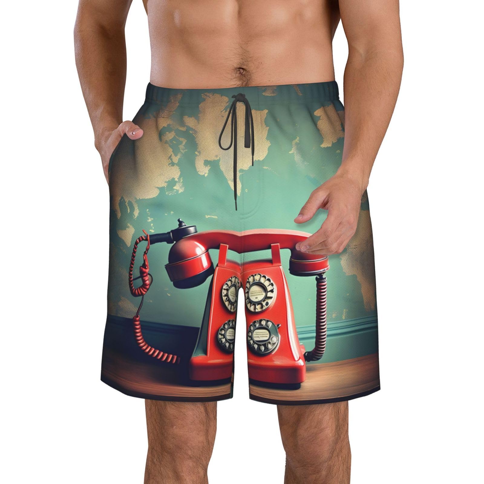 England UK Retro London Telephone Print Men Summer Swim Running Trunks Drawstring Elastic Waist Quick Dry Beach Shorts