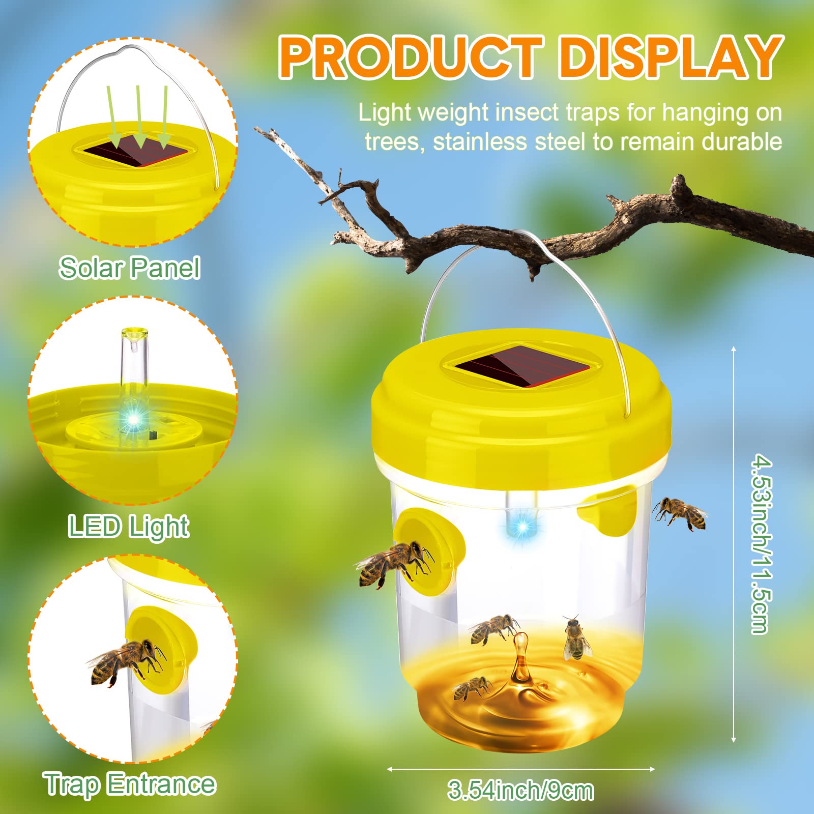 Lot de 12 pièges à guêpes à énergie solaire réutilisables à suspendre avec lumière UV LED pour intérieur et extérieur, terrasse, jardin, maison (orange, vert, jaune)