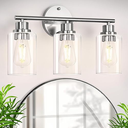 LOHAS - Lámparas de baño, 3 luces de baño de níquel cepillado sobre espejo con pantalla de vidrio transparente, luces de tocador para baño, pasillo,