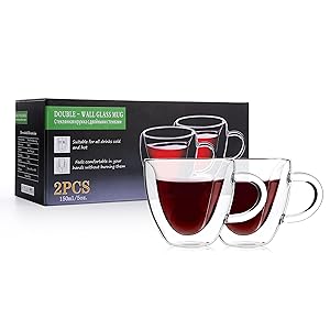 CNGLASS Mothers Day Gifts for Mom,Double Wall Heart Shaped Glass Coffee Mugs 5oz(Set of 2),Insulated Clear Tea Cups with Handle,Unique Glass Espresso Mugs for Coffee,Cappuccino,Latte,Milk