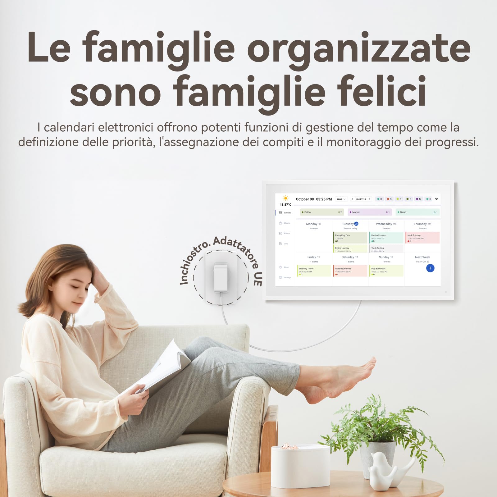 Calendario Digitale, 39,6 cm Elettronico Calendario da Parete, Cornice per Foto/Video Player, Pianificatore Intelligente per Famiglia/Ufficio/Scuola/Eventi, Pianificatore Digitale con Supporto