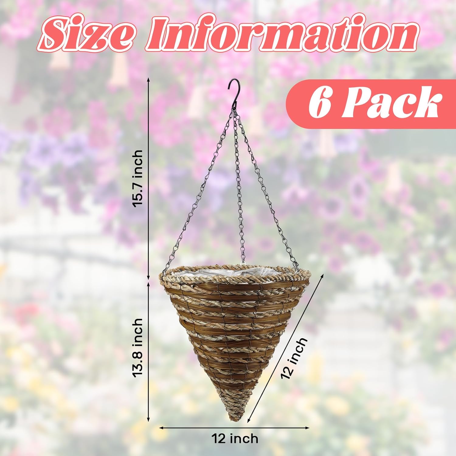 6 Pcs 12" Wicker and Rope Cone Hanging Basket Planters with Plastic Liner Decorative Hanging Flower Pot Cone Shaped Wicker Planters for Garden Plants Flowers