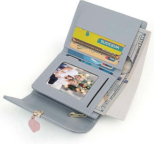 Miniatura 3 de UTO - Cartera pequeña RFID de piel sintética con dije de hoja, cierre de cremallera y tarjetero.