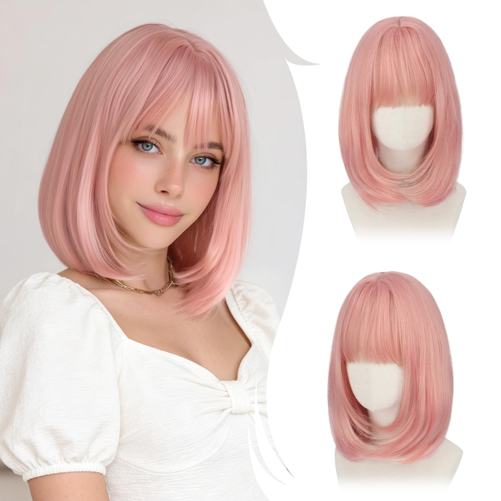 RUWISS Dritto Rosa Bob Parrucche con Frange，35cm Spalla Lunghezza Parrucca per Donna Charming Bob con Bangs Fibra Sintética Resistente per Uso