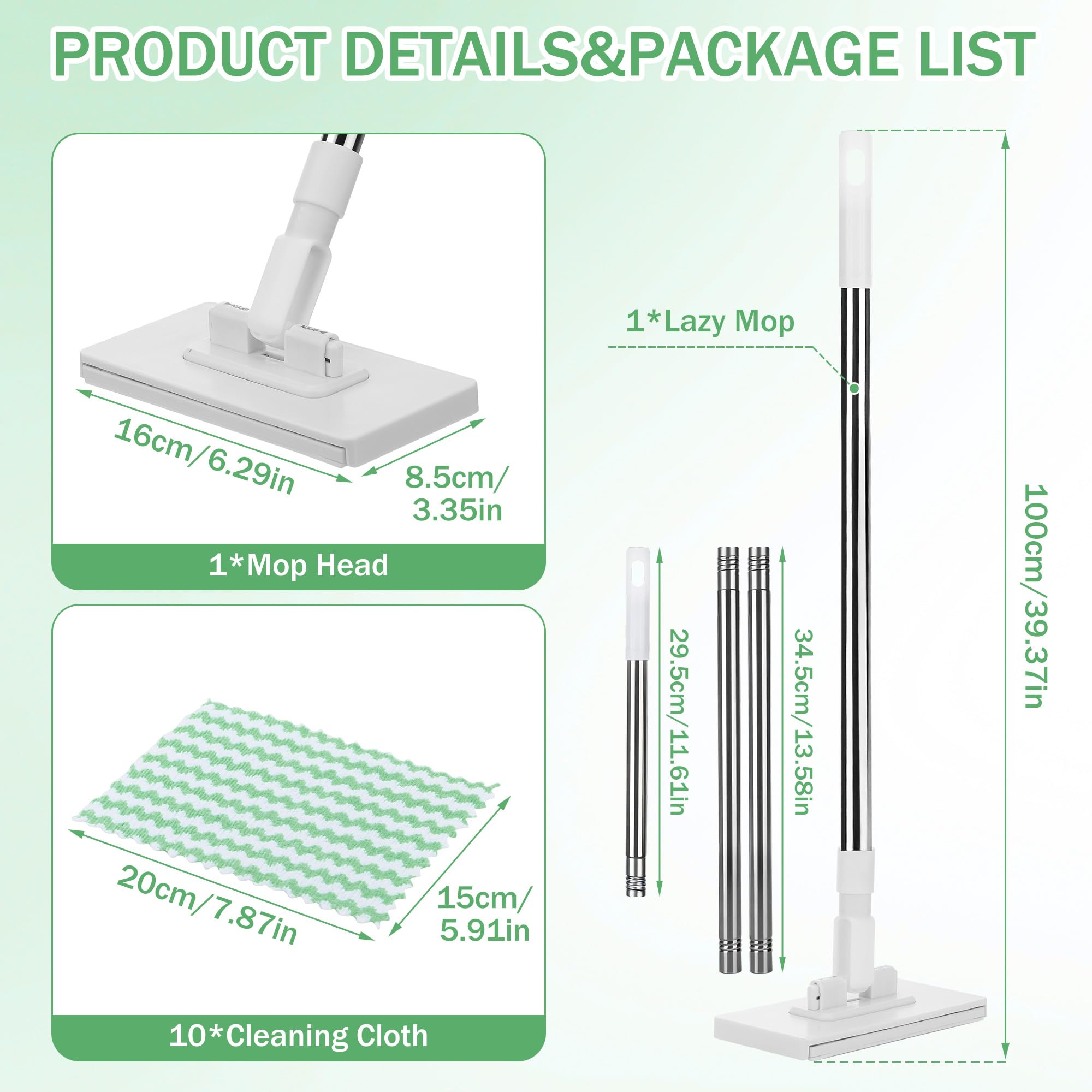 Mini Mopa con Clip & 10 Paños Reutilizables, Mopas de Limpieza Suelos con Cambio de Paño y Cabezal Giratorio de 360°, Fregonas Húmedas y Secas con Sistema de Clic para Suelos, Paredes, Baños y Cocinas — view 2