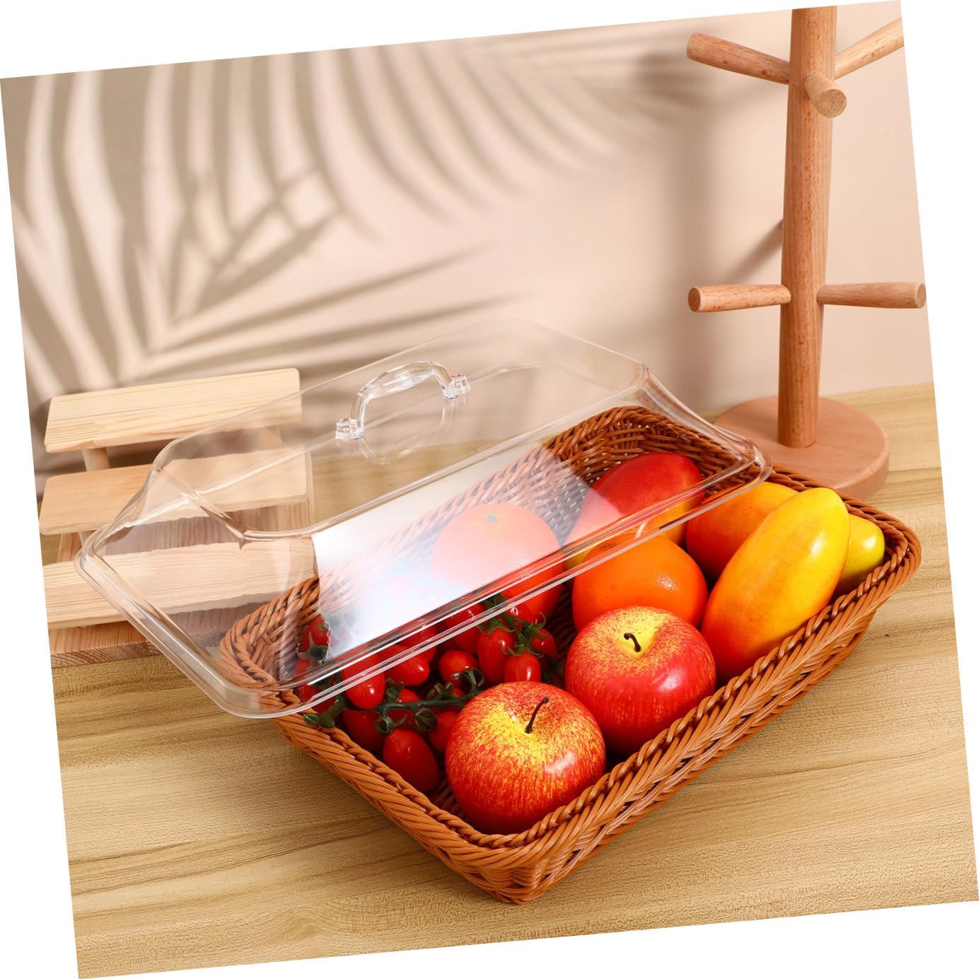 MAGICLULU Simulated Rattan Bread Basket with Lid 35x25x15cm Brown Square Imitation Woven Serving Basket for Kitchen Restaurant Picnic