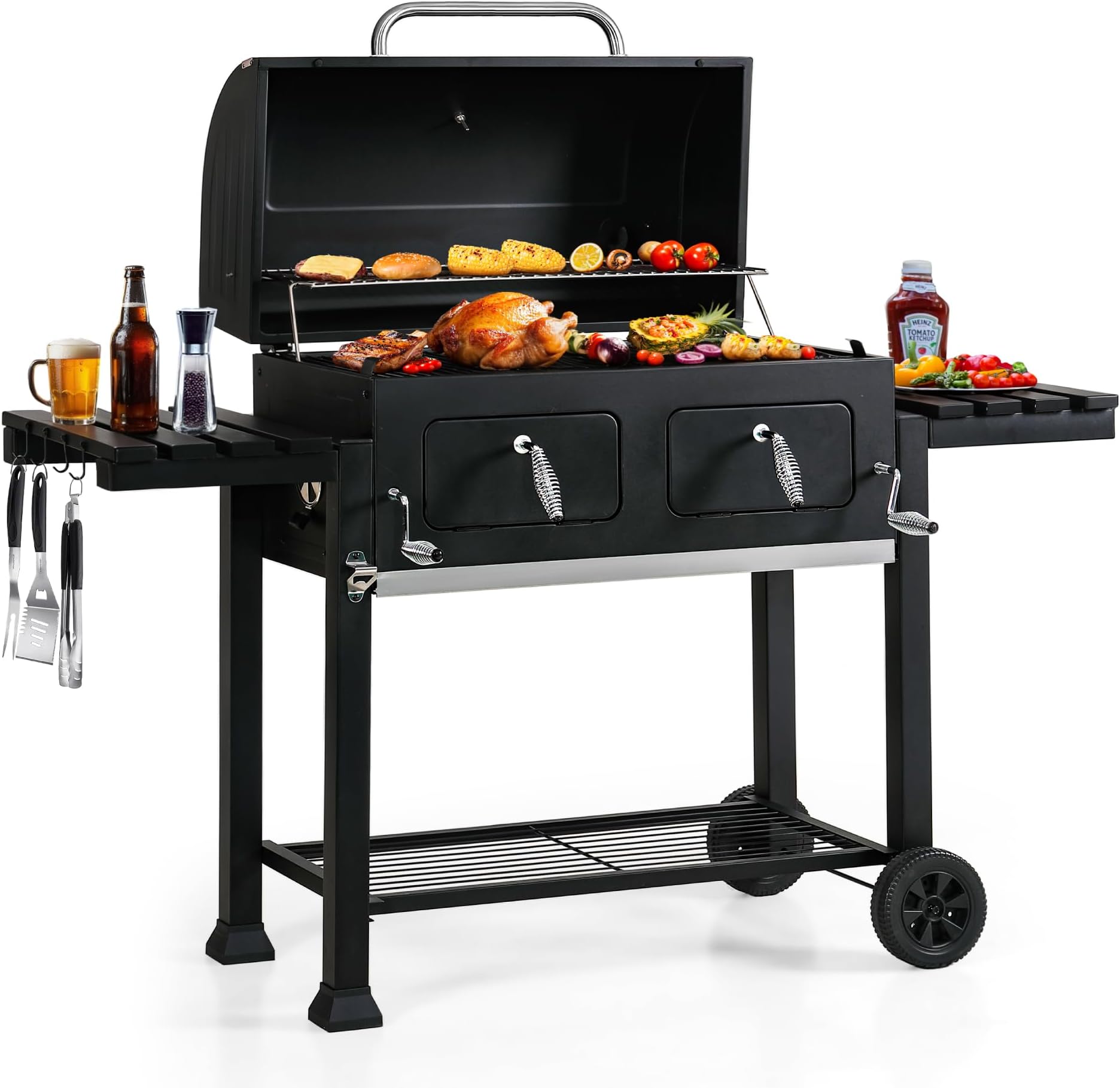 MFSTUDIO Multifunctional Extra Large 49 Inch BBQ Charcoal Grills with Temperature Control, Side Table and Easy Clean Ash Tray, Barrel Barbecue Grill for Multiple-family Household and Friends Party