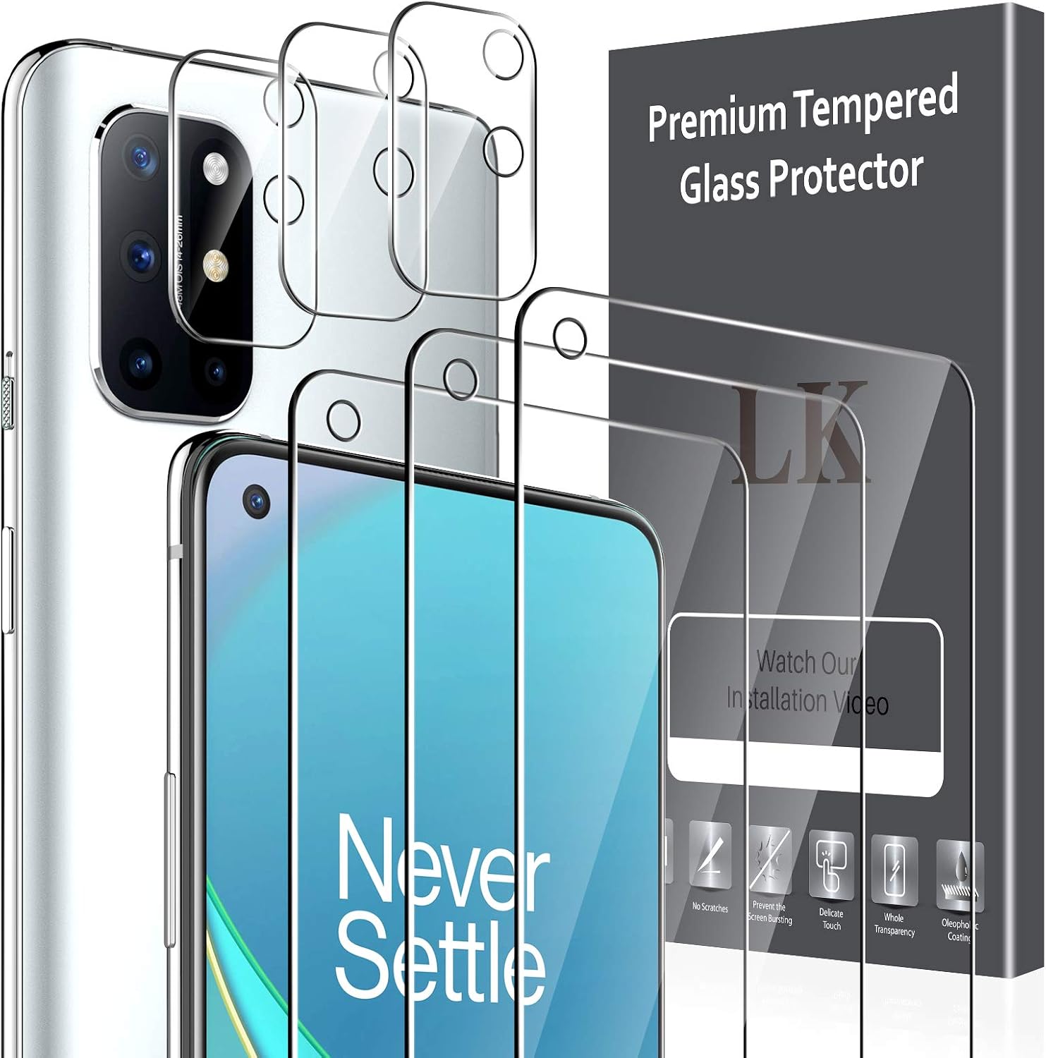 6 Pack LK 3 Pack Screen Protector + 3 Pack Camera Lens Protector Compatible with OnePlus 8T, Tempered Glass, HD Ultra-Thin