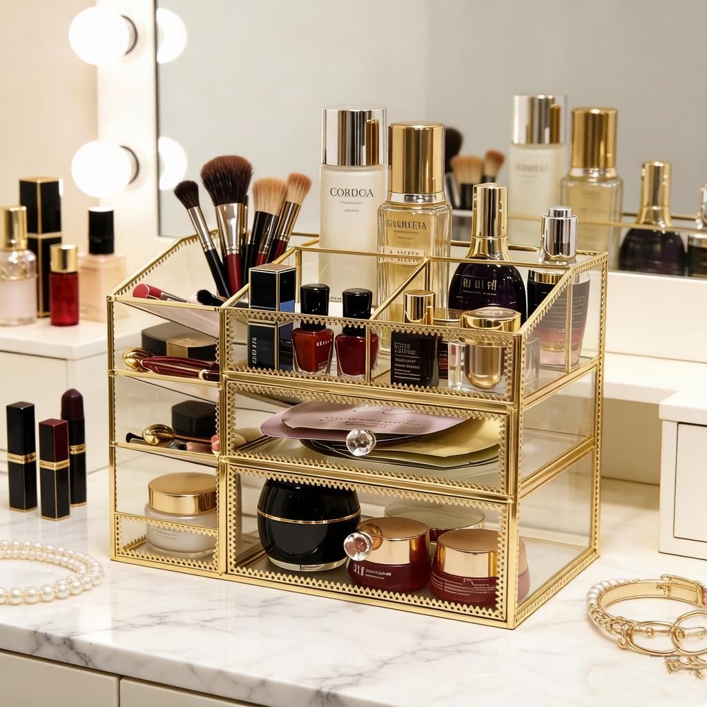 Hersoo Luxury Gold Trim Glass Makeup Organizer, 3-Tier Mirrored Vanity Dressing Table Storage Case for Skincare, Perfume, Lipstick, Brushes, Desktop Cosmetic Organizer