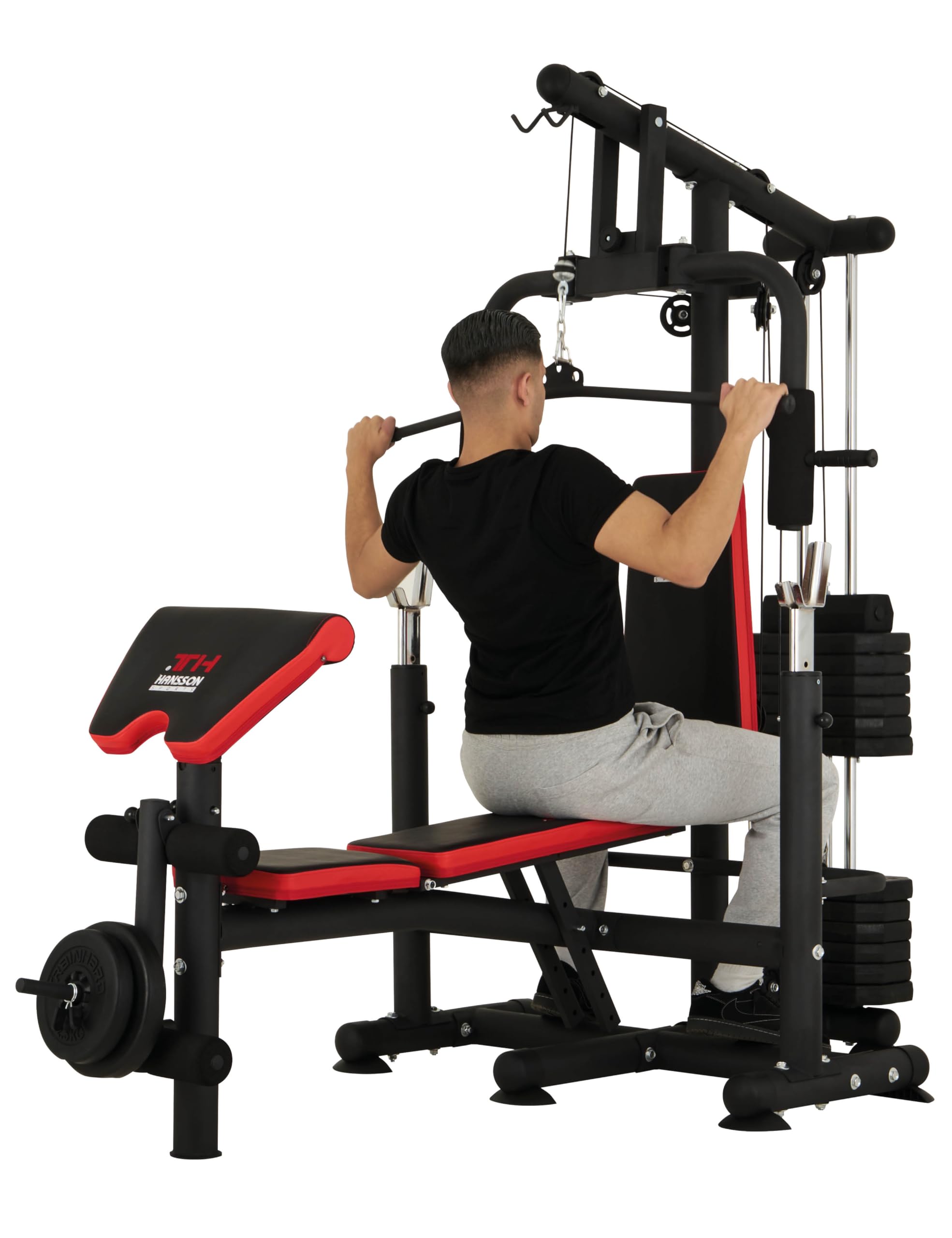 Hansson Sports® Universal Kraftstation Hantelbank Multifunktion mit Hantelablage Latzug Butterfly Beinstrecker Beinbeuger 65kg Gewichten klappbar