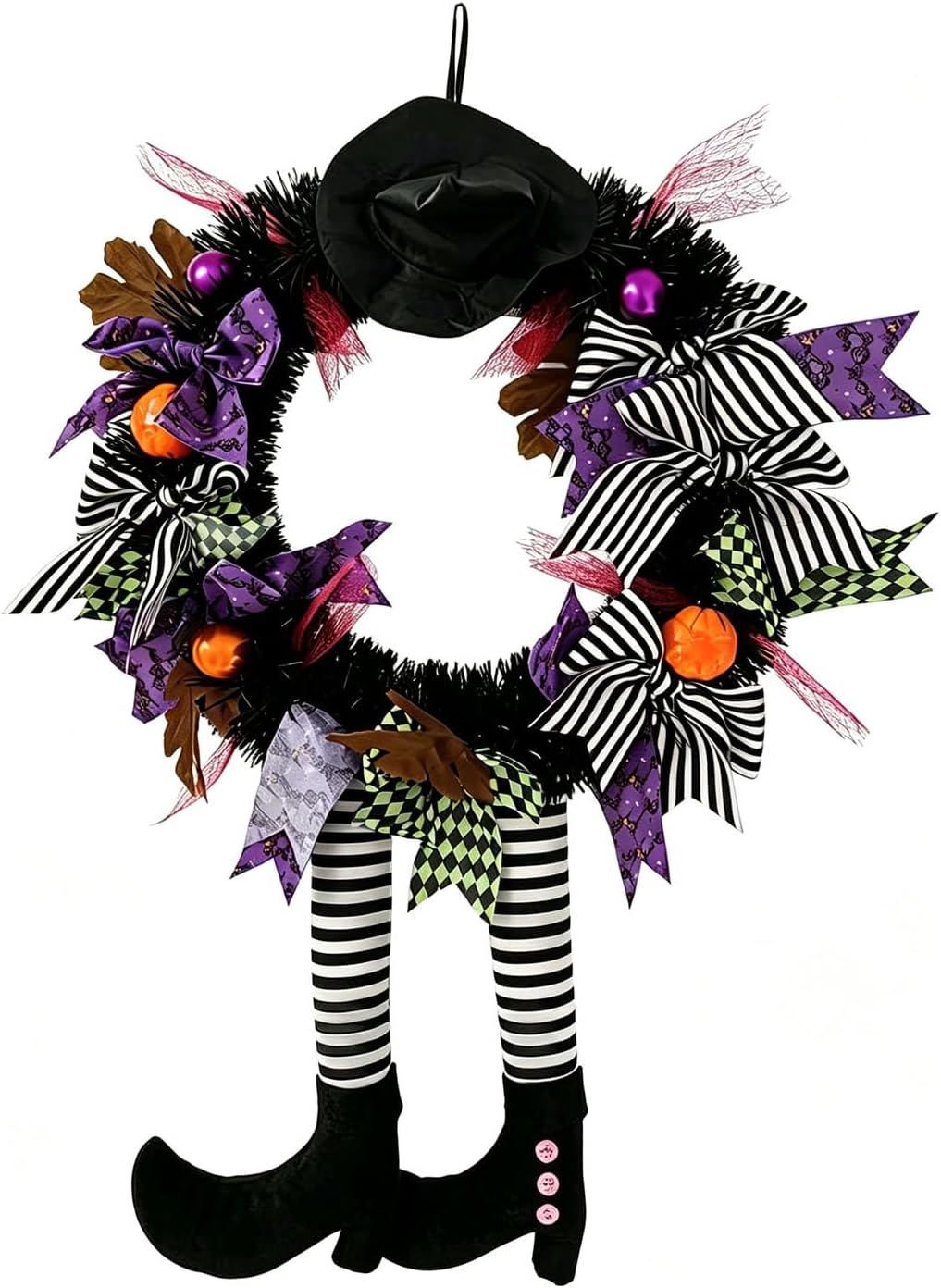 Halloween Wreath Decorations, Halloween Decor Halloween Wreaths for Front Door, Halloween Witch Wreath Decor with Hat Legs Pumpkin Halloween Hanging Decor for Door, Porch, Window, Indoor and Outdoor