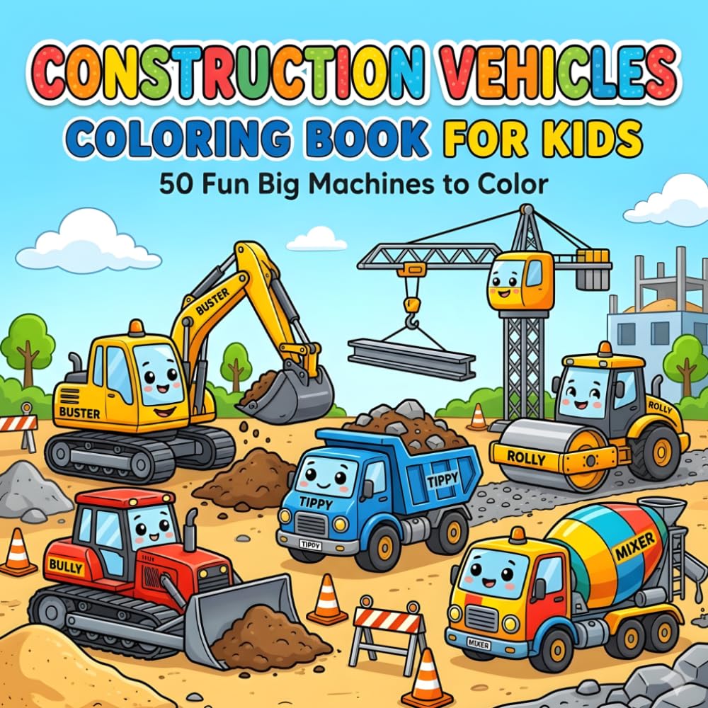 Construction Vehicles Coloring Book For Kids: 50 Fun Cartoon Bulldozers, Excavators, Dump Trucks and More