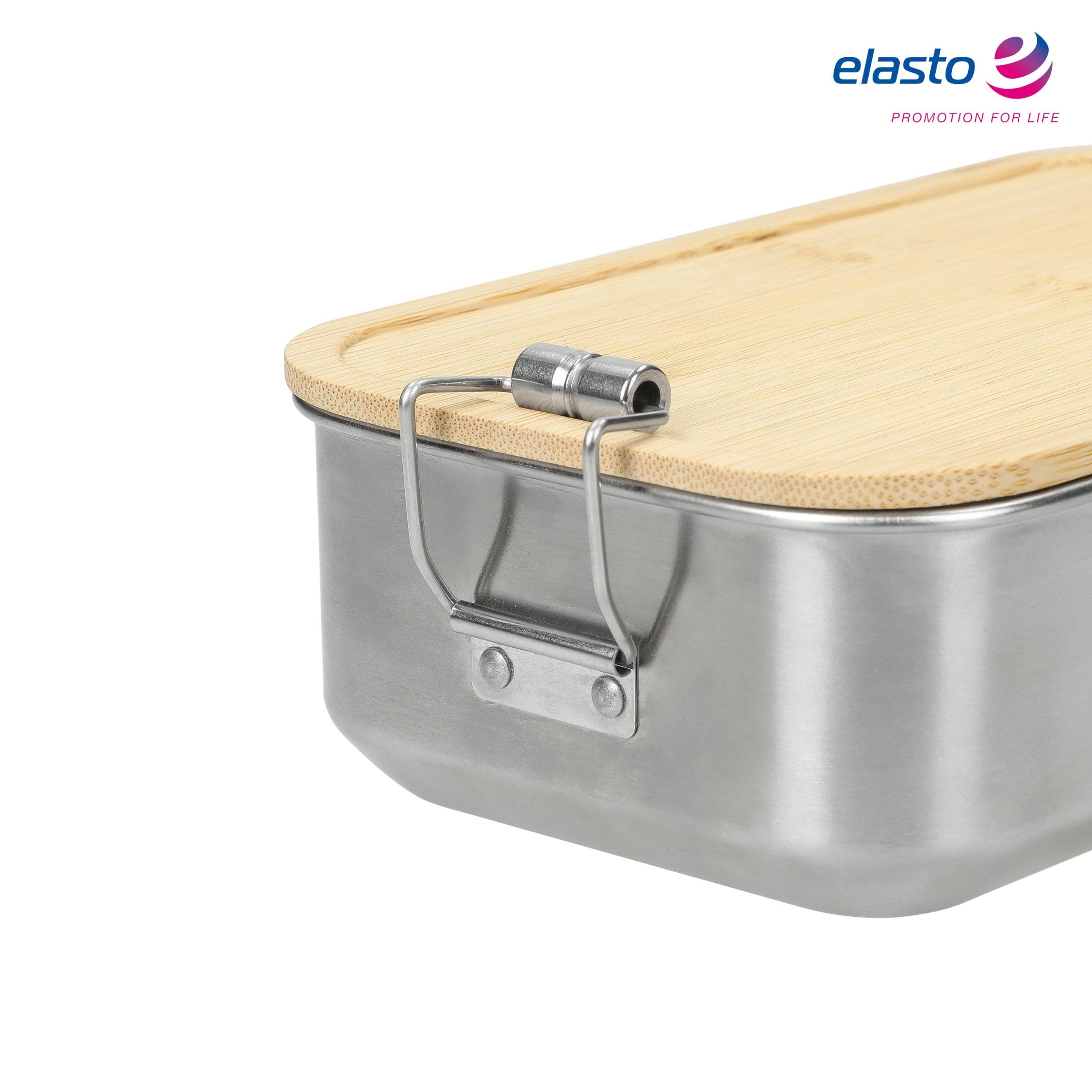elasto PROMOTION FOR LIFE Sagano - Envase para Alimentos, Contenedor de Alimentos, Tarro de Acero Inoxidable con Tapa de Bambú y Pinza de Sujeción (1,0 L), Color Plateado y Natural
