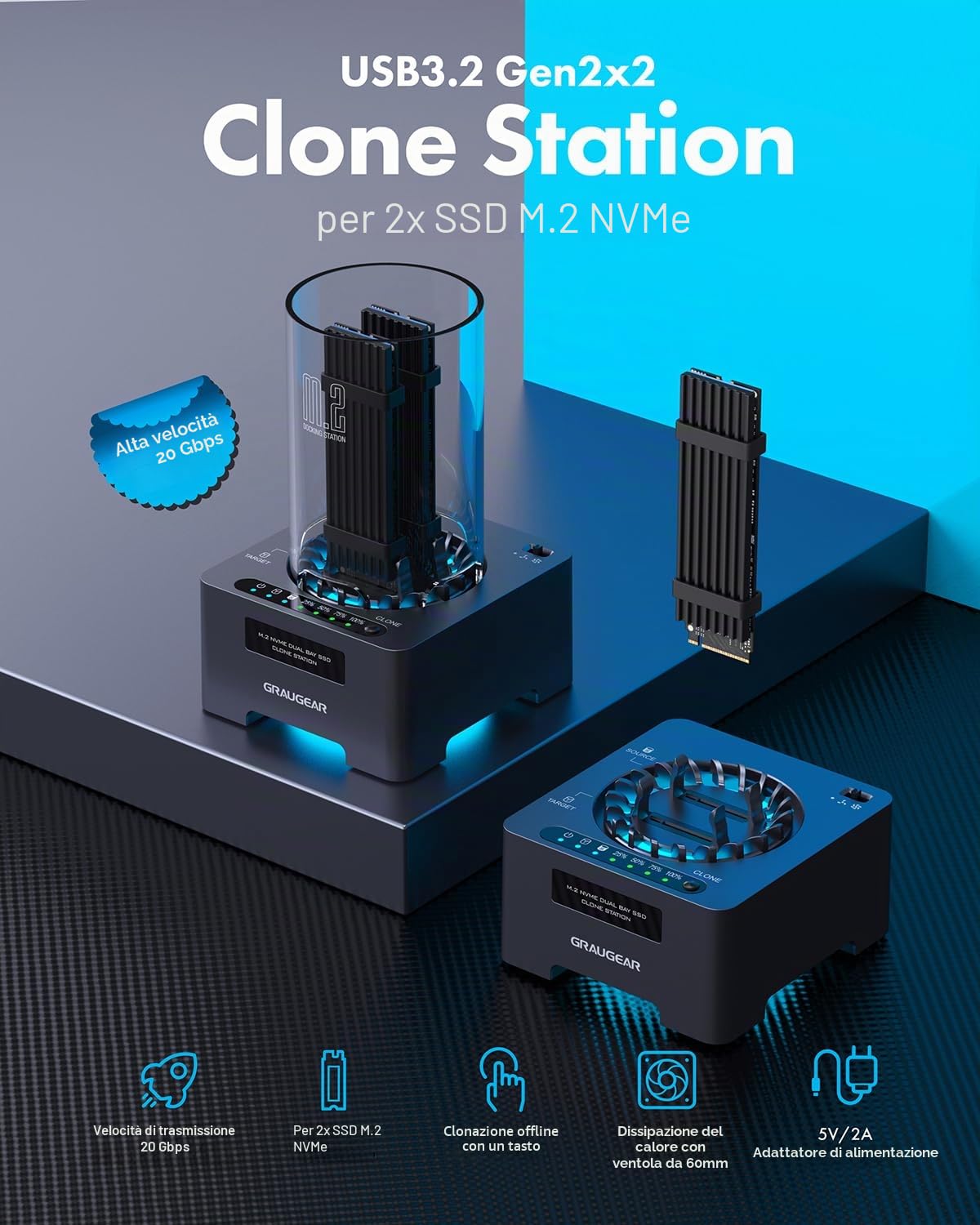 M.2 NVMe SSD Clone Station per M.2 PCIe, M-Key, USB3.2 Gen2x2 20Gbps docking station, 60 mm, alimentatore di rete