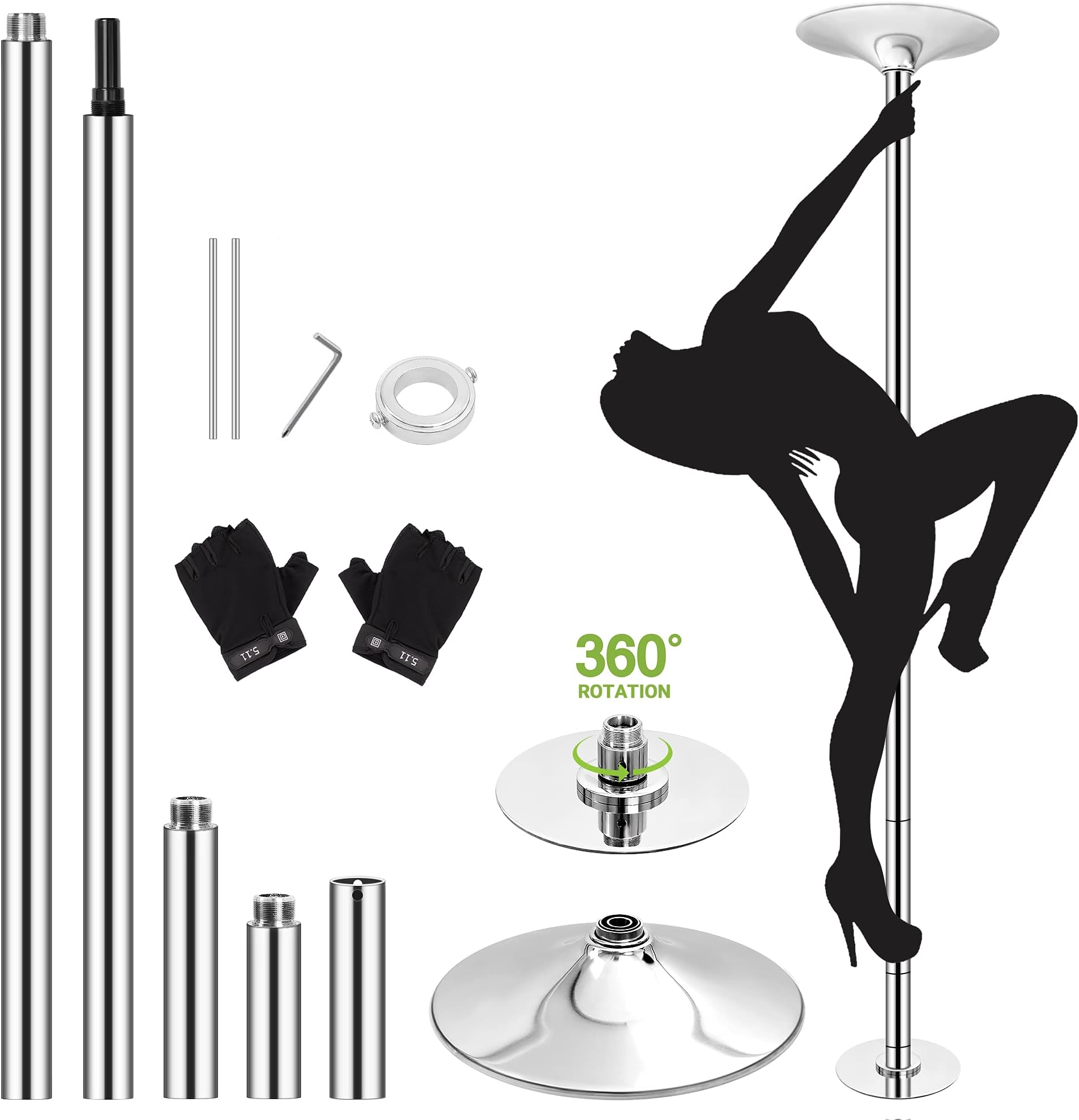NC NC Surprizo Stripper Pole for Home, Portable Removable Dance Pole for Beginner and Professional, Spinning Static Dancing Pole with NonSlip Gloves for Pole Fitness, Gym, Exercise Club, Bar