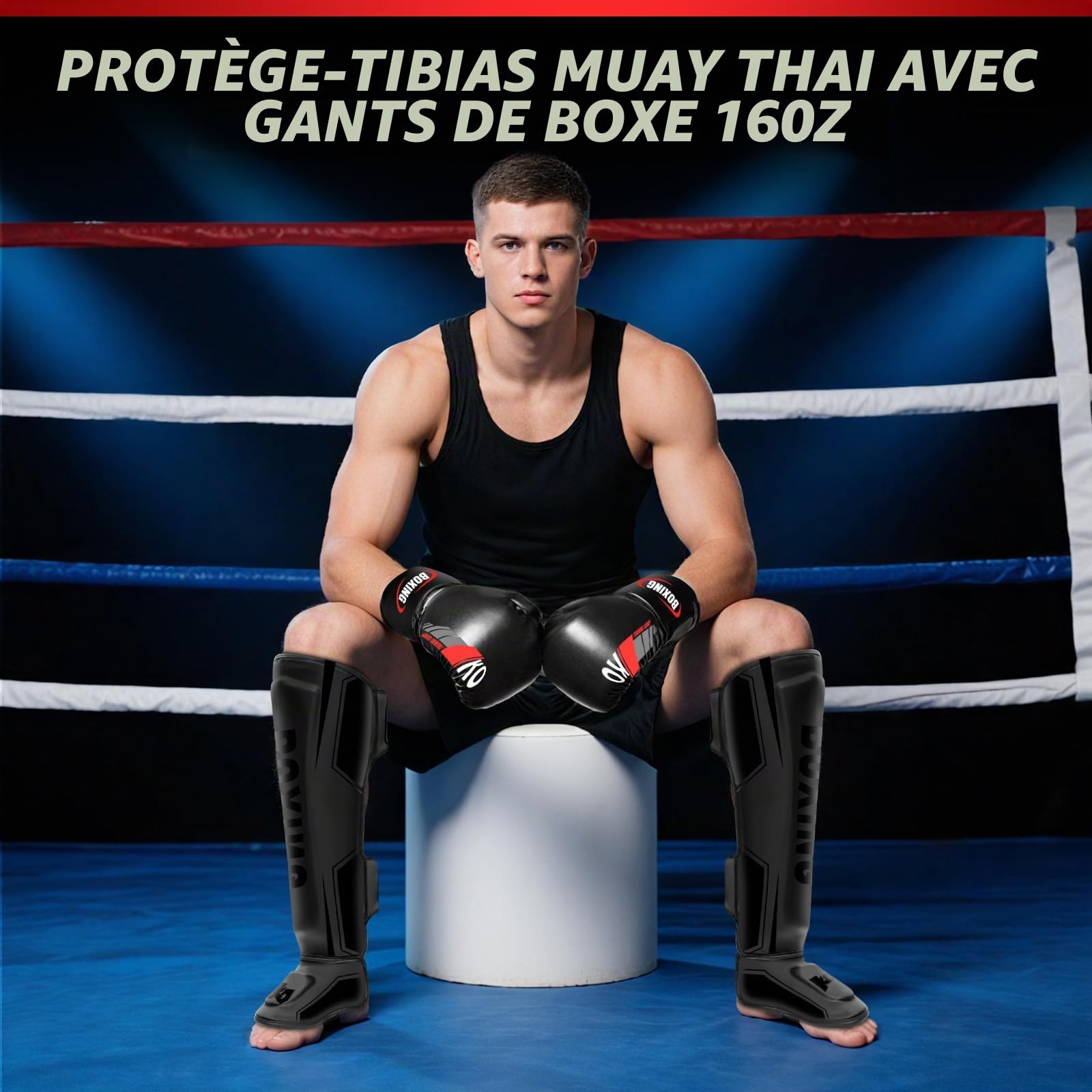 NZQXJXZ Protege Tibia Boxe avec Gants de Boxe 16oz, Protège-Tibias de Kickboxing Muay Thai Arts Martiaux, Protège-Jambes Réglables avec Protection du Cou-De-Pied pour l'Entraînement et Le Sparring MMA