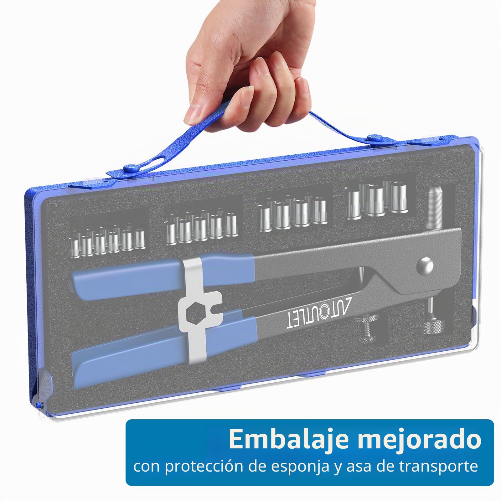 AUTOUTLET - Juego de 86 Pinzas para Tuerca de Remache con Mandriles M3, M4, M5, M6, M8 y 80 Tuercas de Remache, Pinza de remachar roscada de 25,4 cm, Pinza para remachar Ciego, Azul